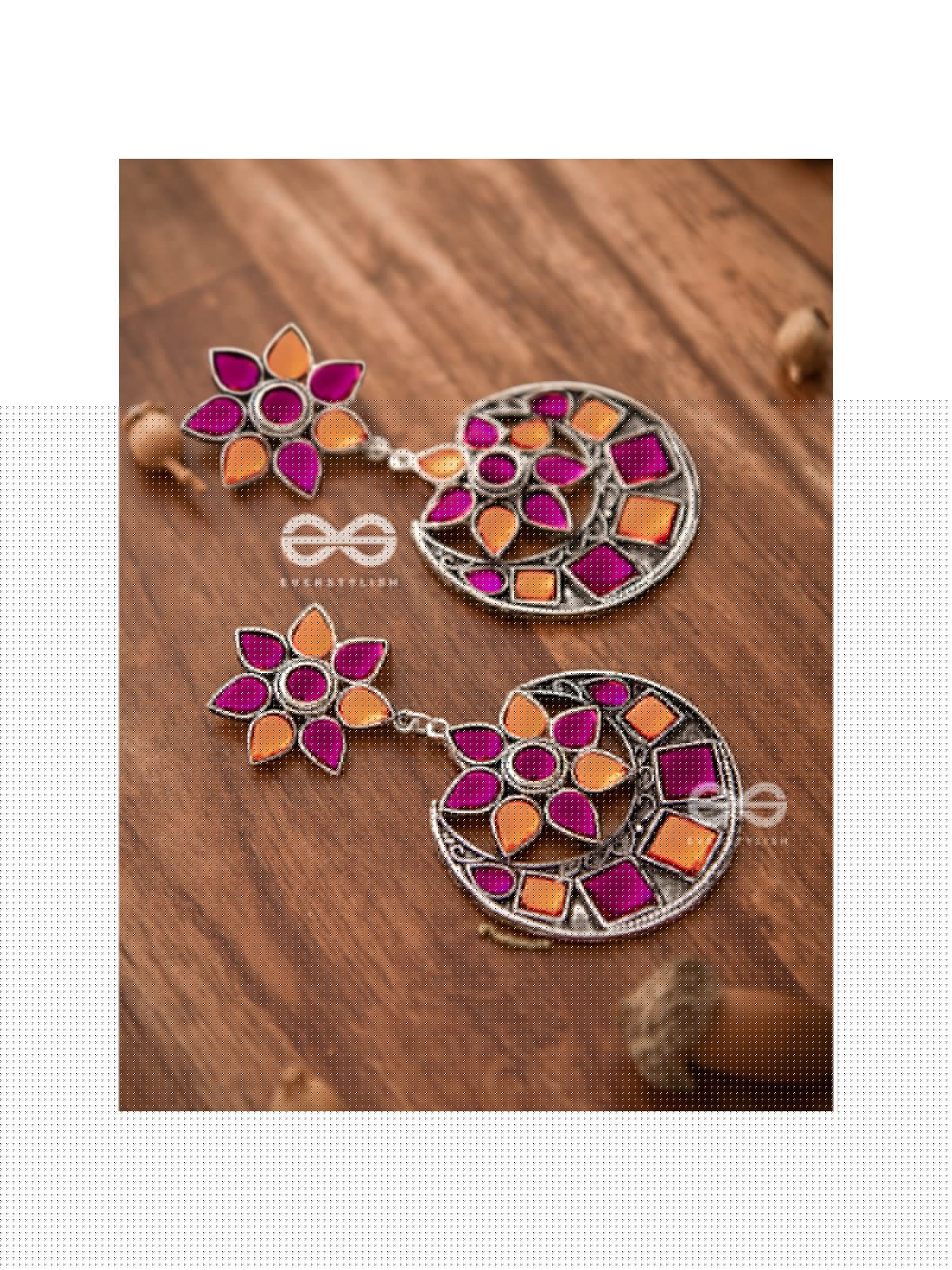 The Queen's Desire - Embellished Oxidised Danglers (Orange-Pink)