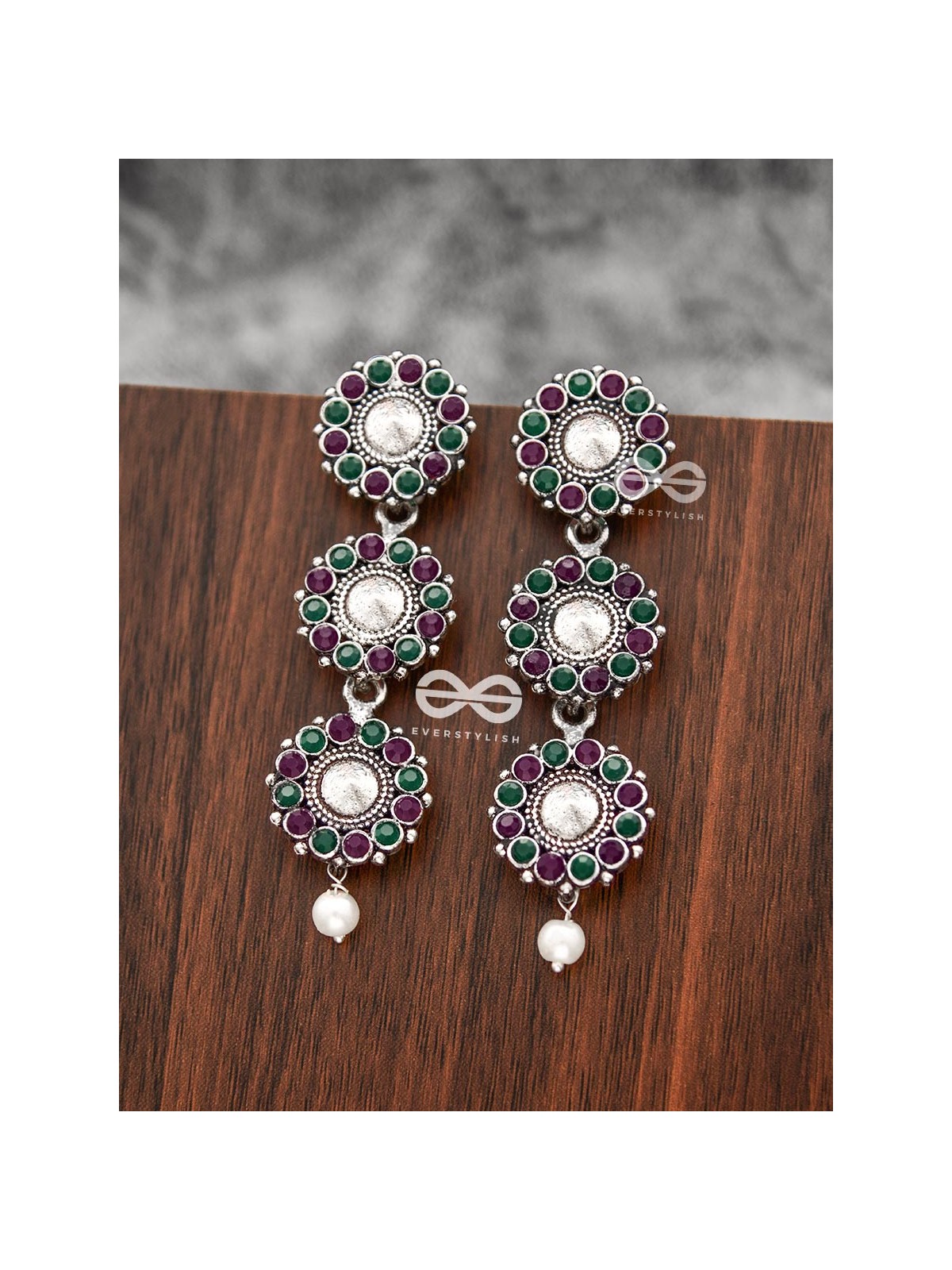 The Layered Boho Danglers (Ruby-Emerald) - Embellished Oxidised Earrings 