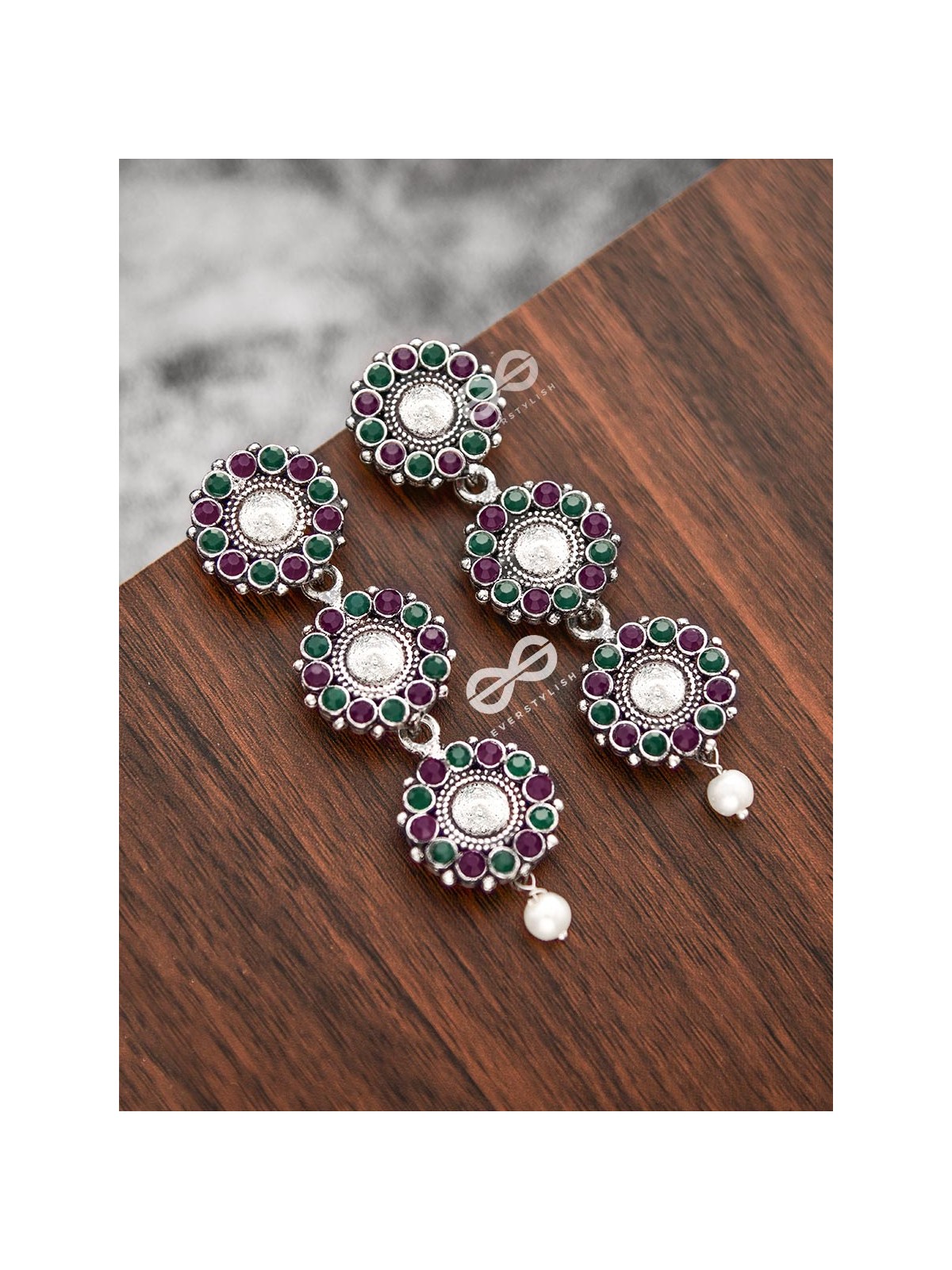 The Layered Boho Danglers (Ruby-Emerald) - Embellished Oxidised Earrings 