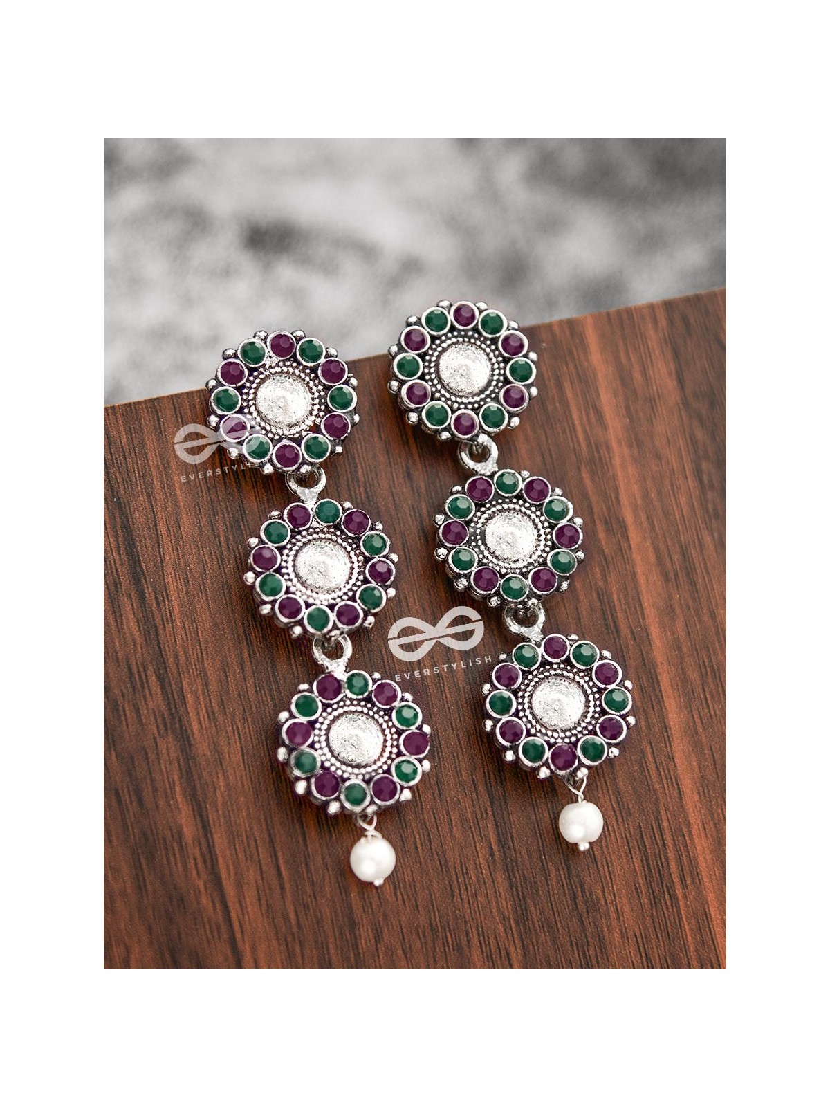 The Layered Boho Danglers (Ruby-Emerald) - Embellished Oxidised Earrings 