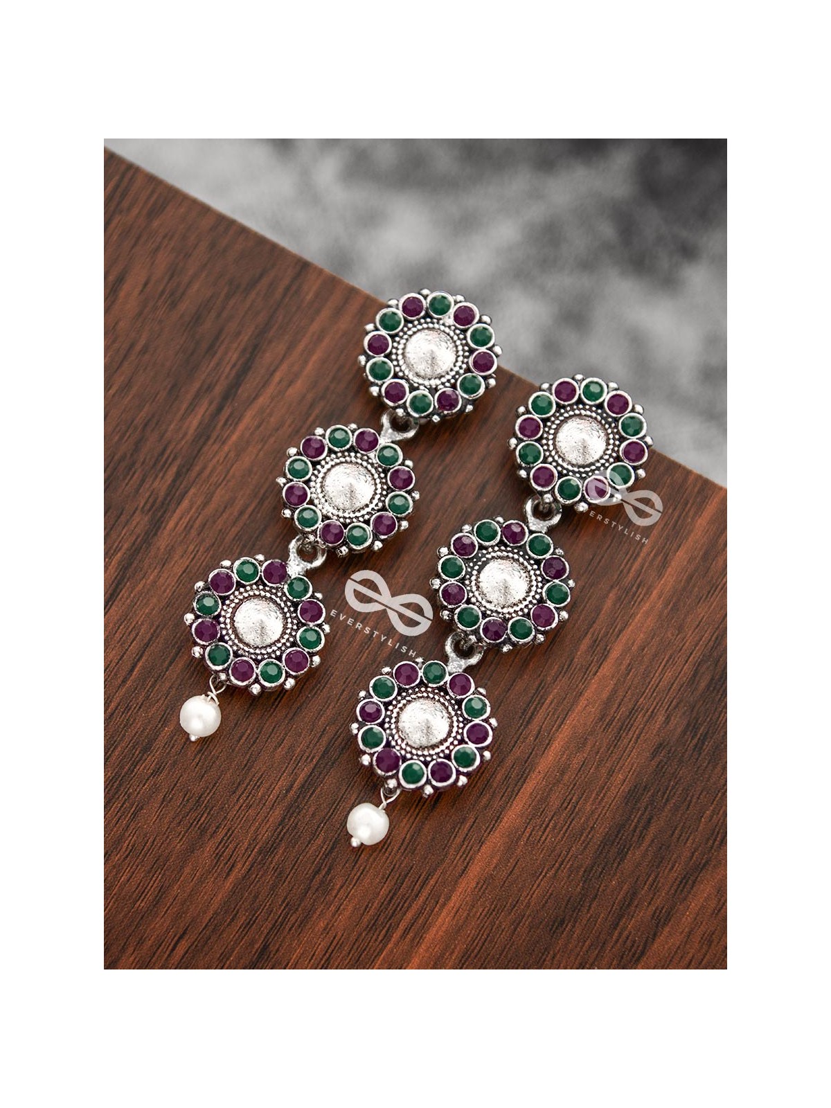 The Layered Boho Danglers (Ruby-Emerald) - Embellished Oxidised Earrings 