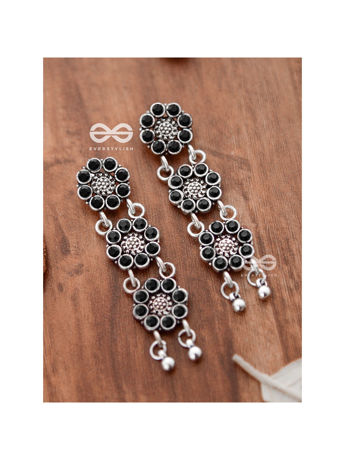 The Triple Layered Intricate Danglers (Onyx Black) - The Embellished Oxidised Collection