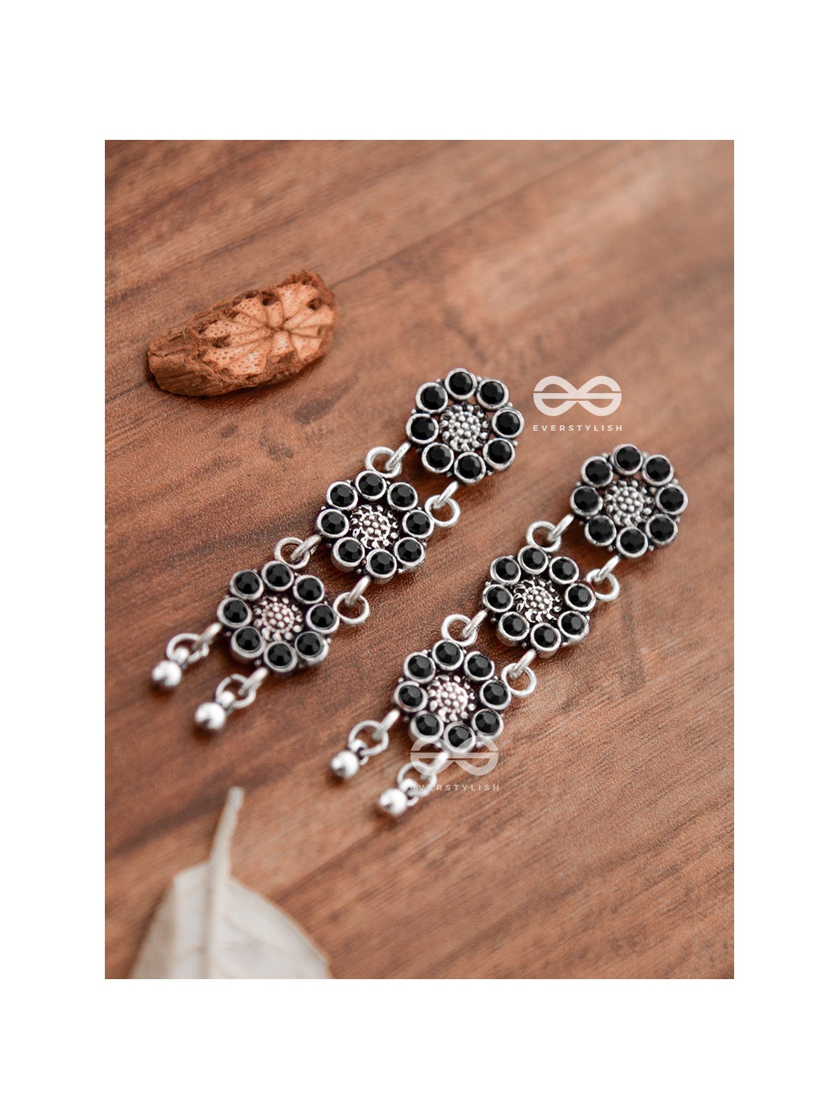 The Triple Layered Intricate Danglers (Onyx Black) - The Embellished Oxidised Collection