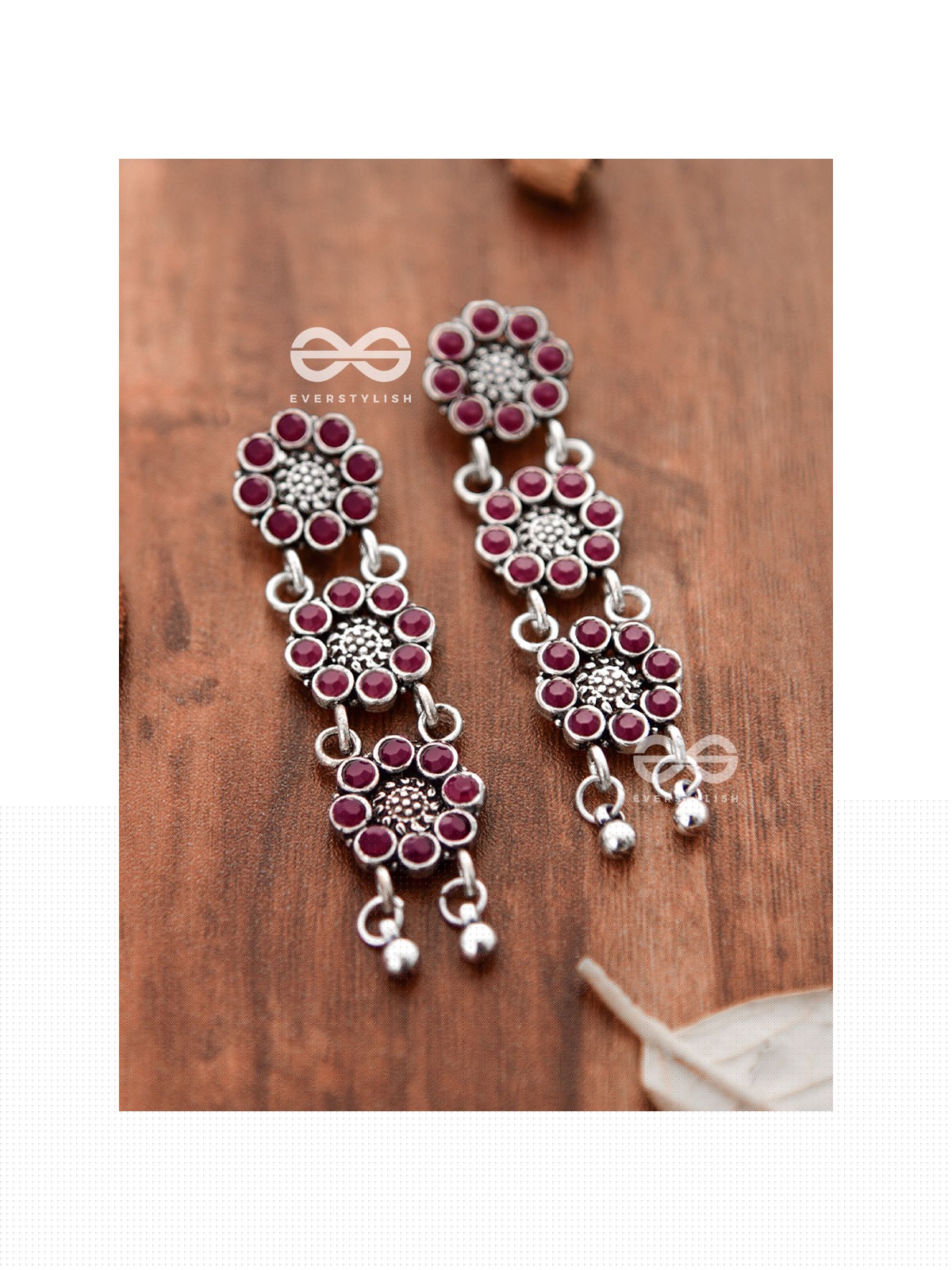 The Triple Layered Intricate Danglers (Ruby Red) - The Embellished Oxidised Collection