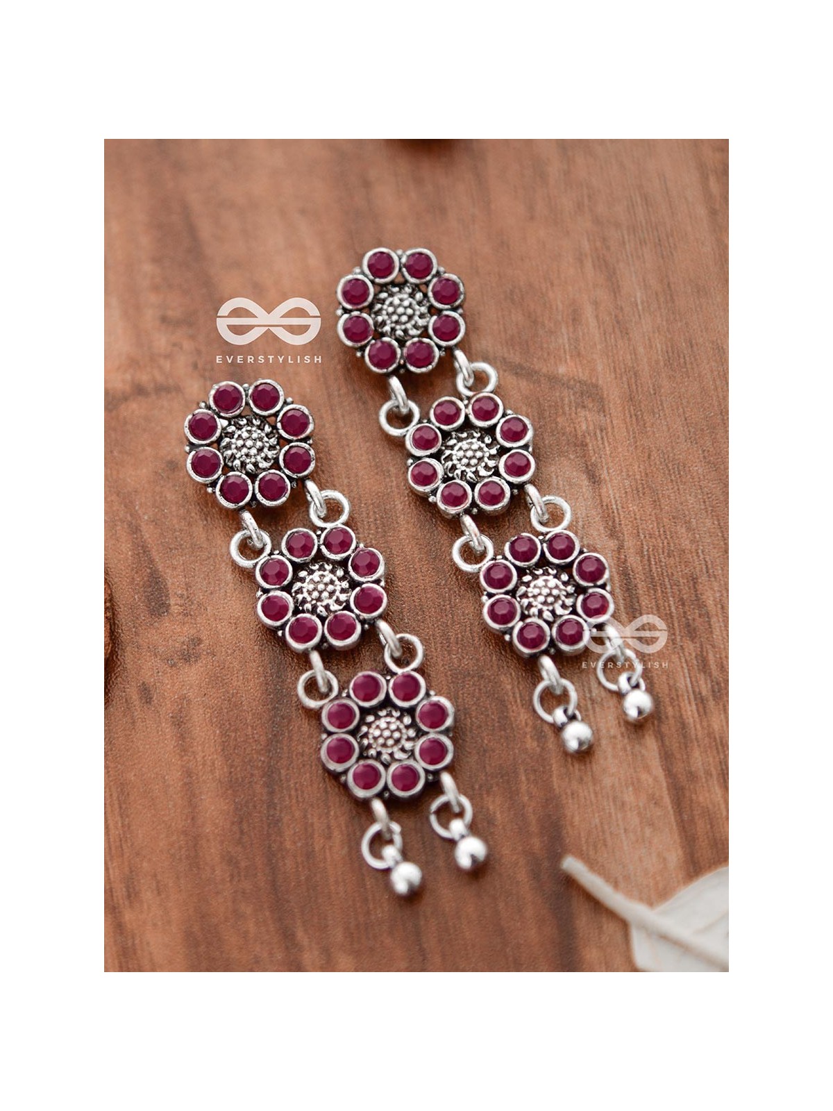 The Triple Layered Intricate Danglers (Ruby Red) - The Embellished Oxidised Collection