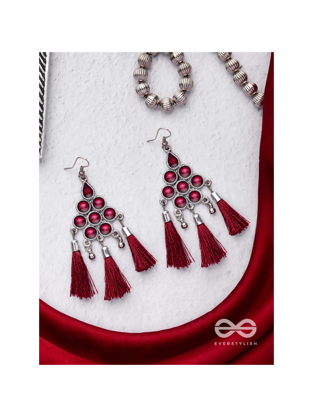 The Enamelled Tassels (Burgundy) - Embellished Oxidised Earrings
