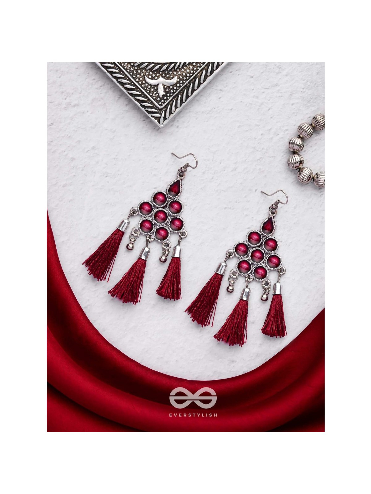 The Enamelled Tassels (Burgundy) - Embellished Oxidised Earrings