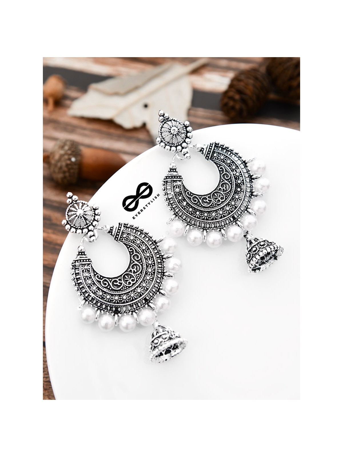 The Intricate Pearl Motifs - Oxidised Boho Earrings