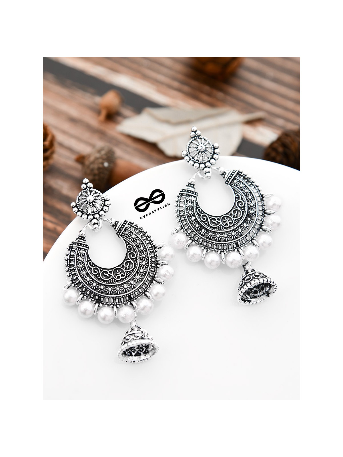 The Intricate Pearl Motifs - Oxidised Boho Earrings