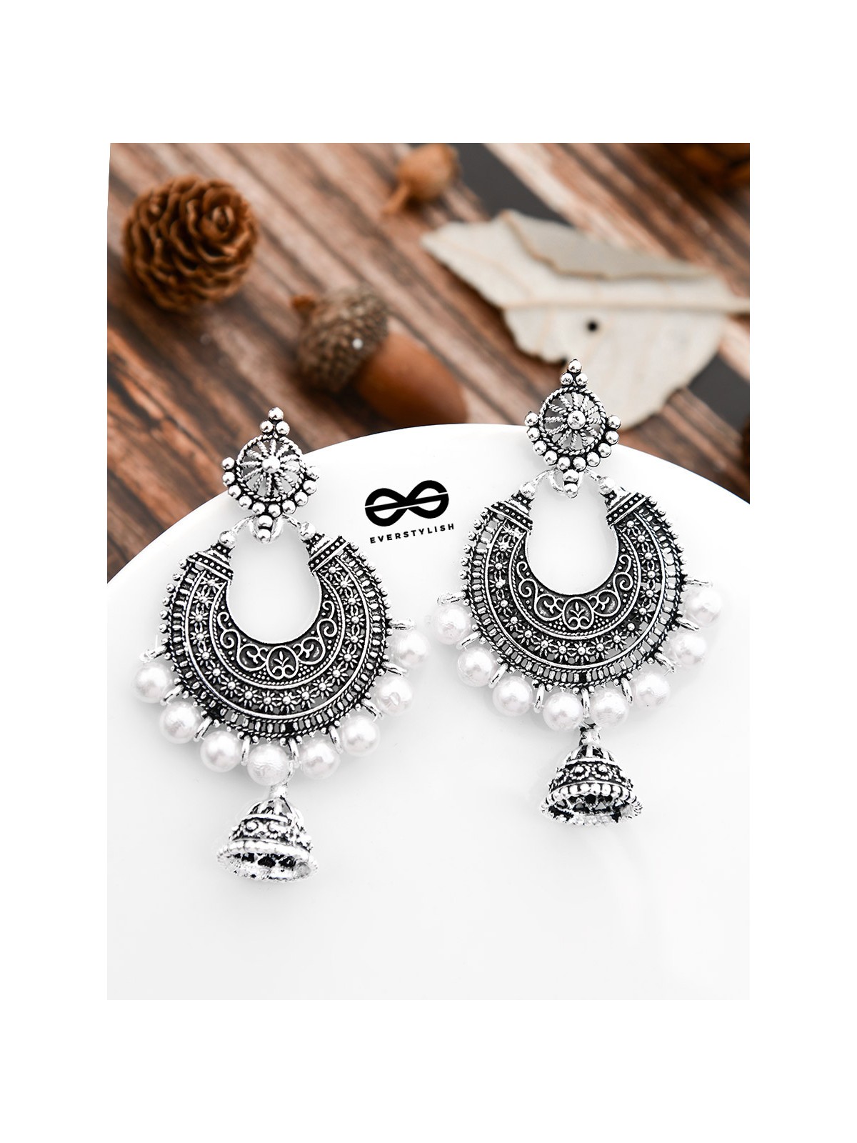 The Intricate Pearl Motifs - Oxidised Boho Earrings