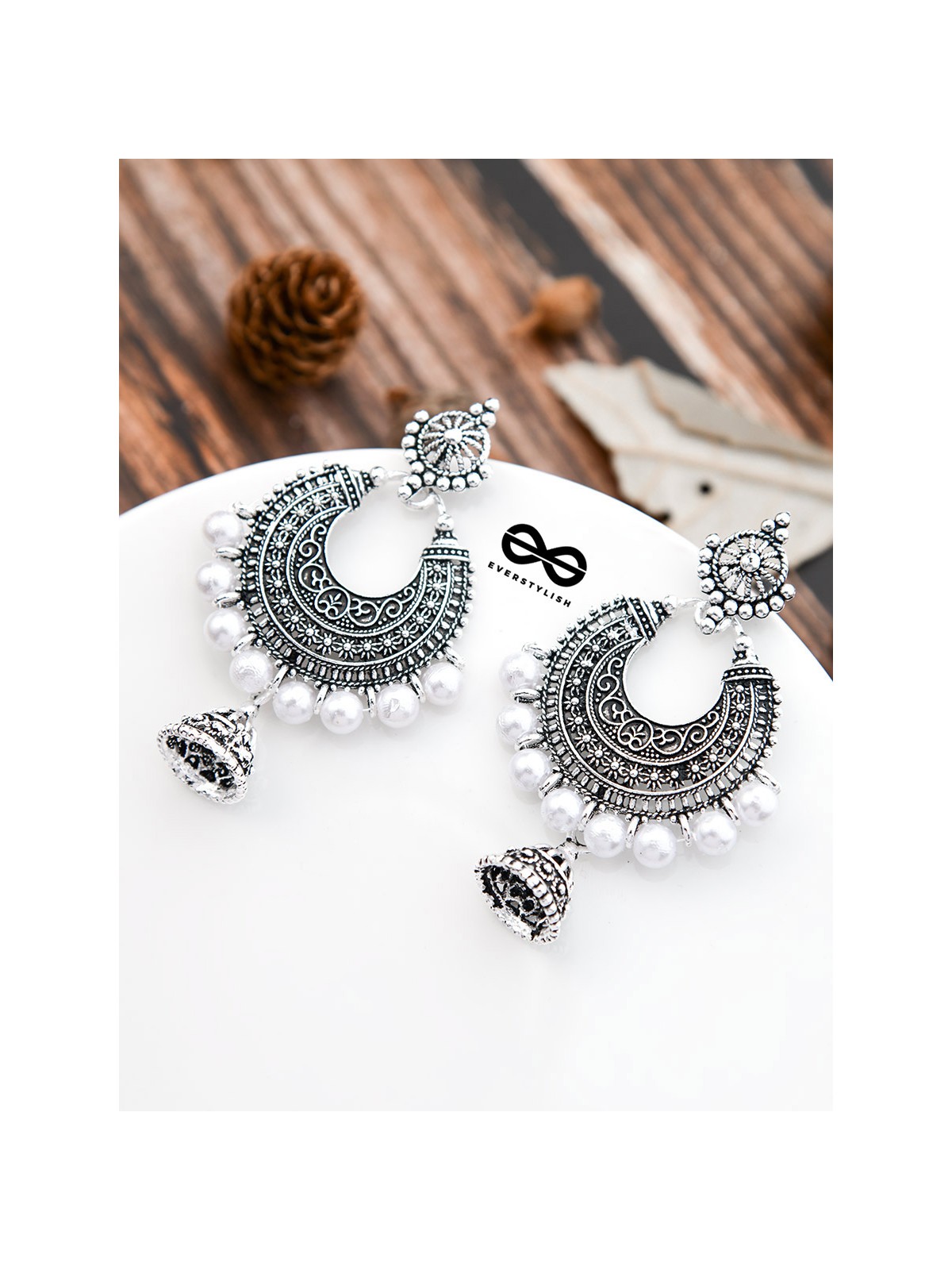 The Intricate Pearl Motifs - Oxidised Boho Earrings