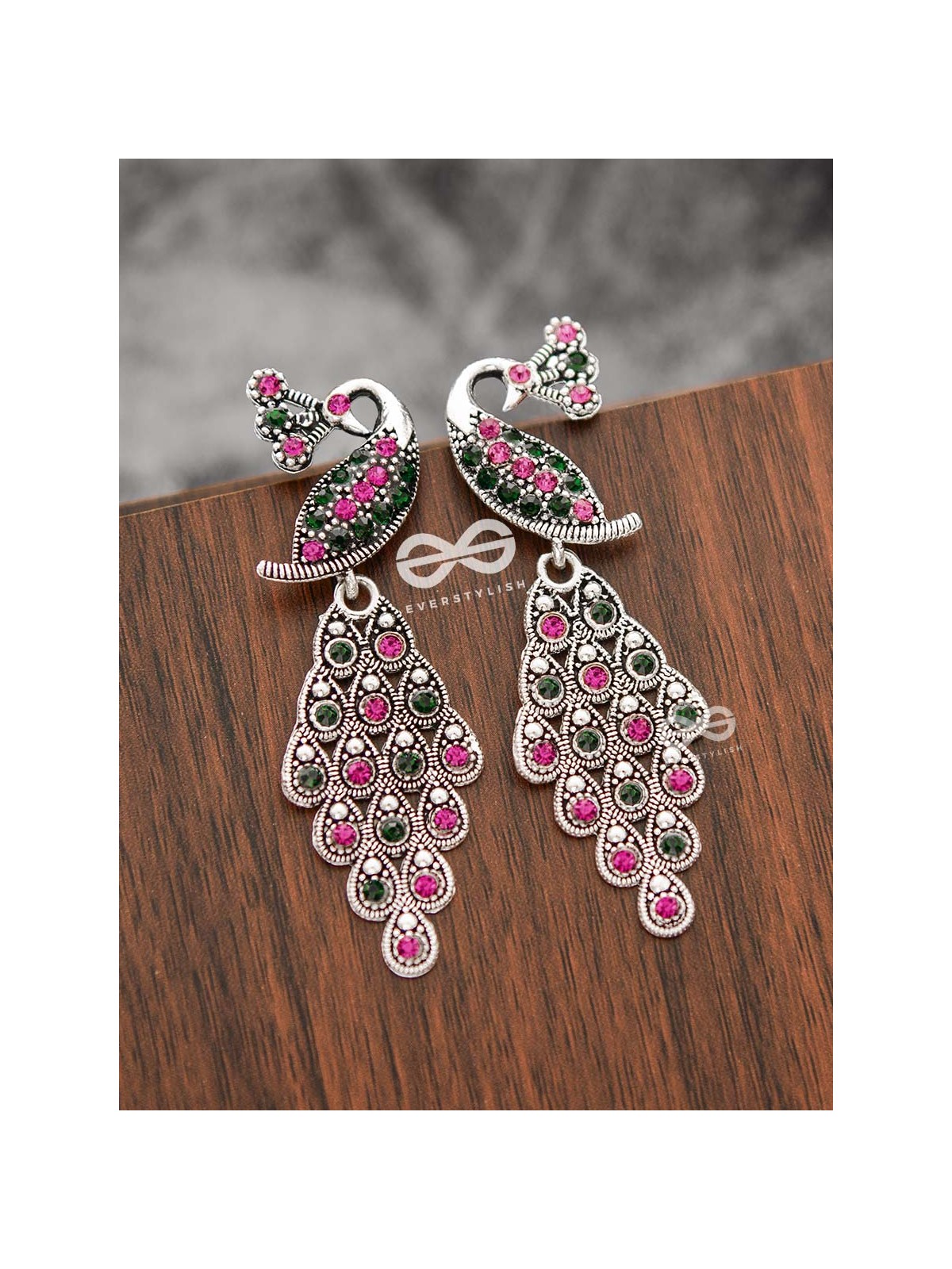 The Shimmery Peacock Danglers - Embellished Oxidised Collection