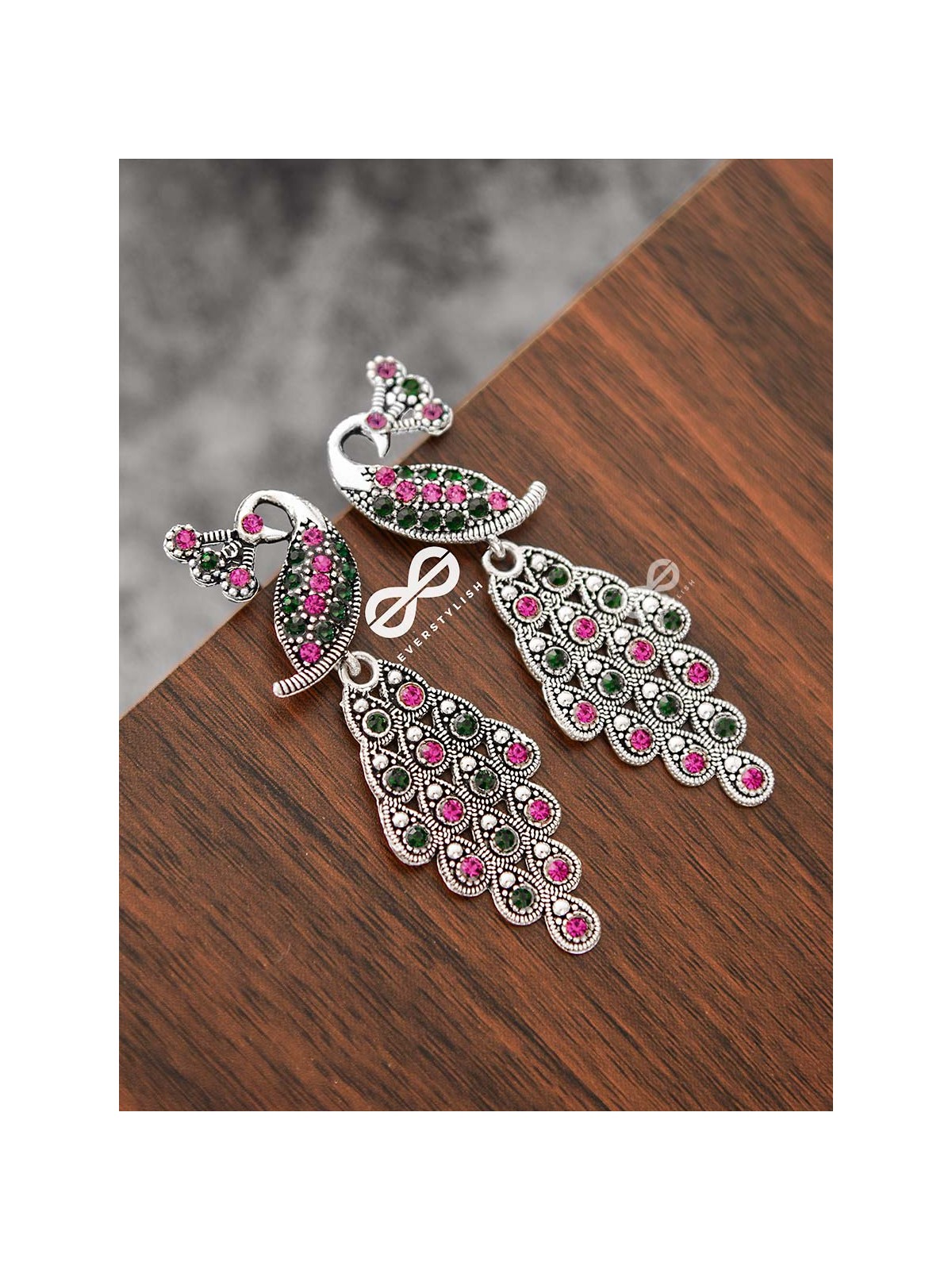 The Shimmery Peacock Danglers - Embellished Oxidised Collection