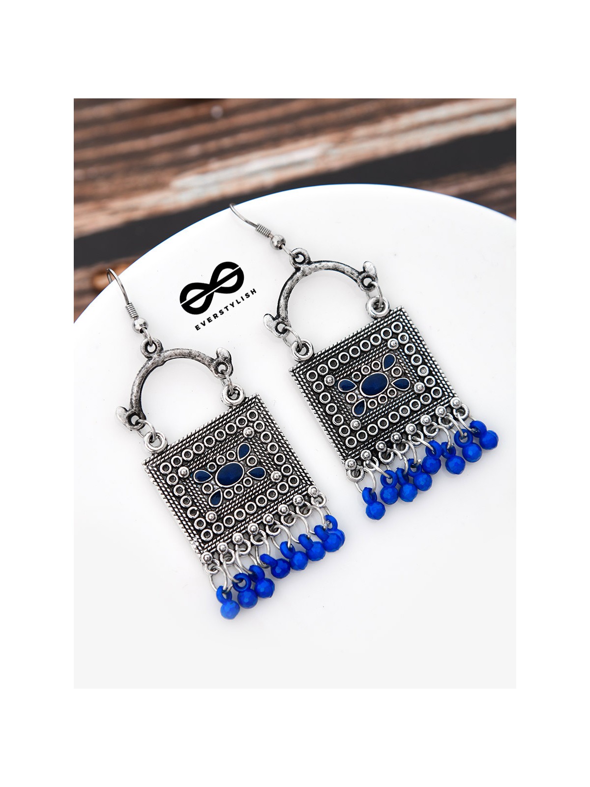 The Embellished Trunk - Oxidised Boho Earrings - Blue