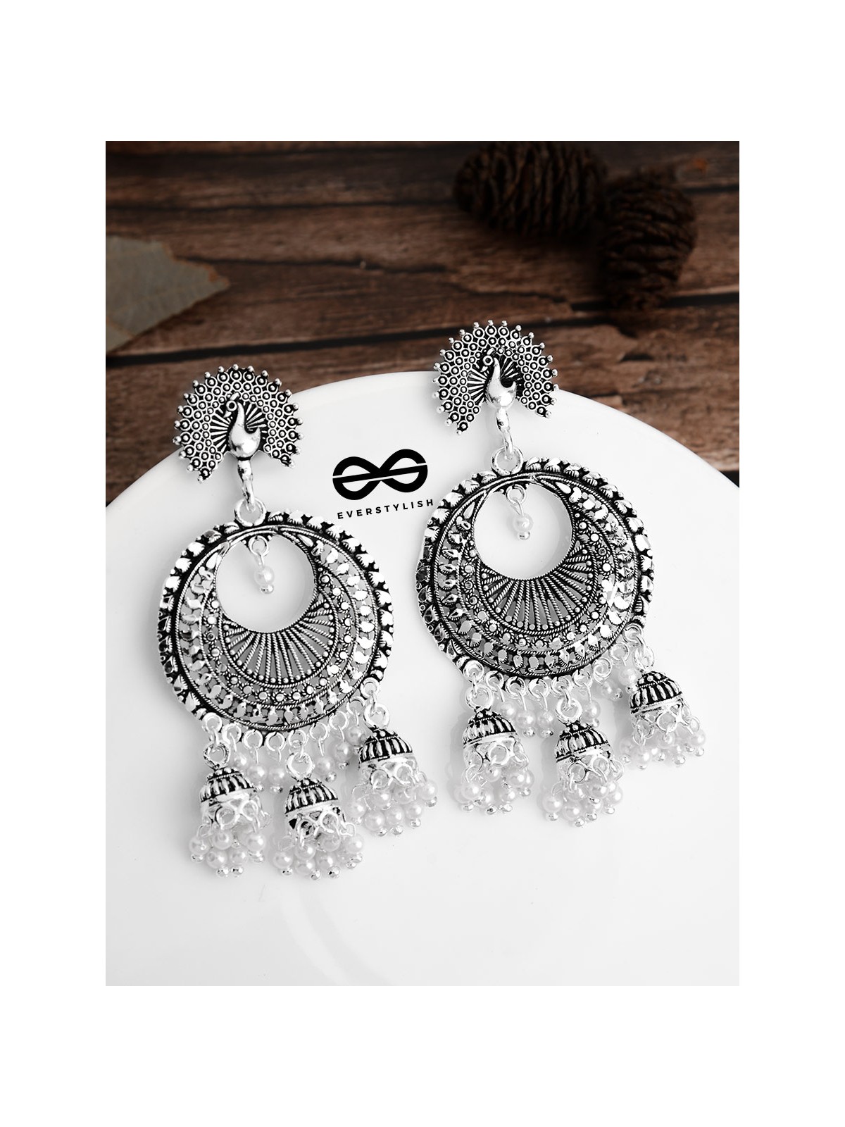 The Intricate Peacock Sun Triple Jhumkis - Oxidised Boho Earrings