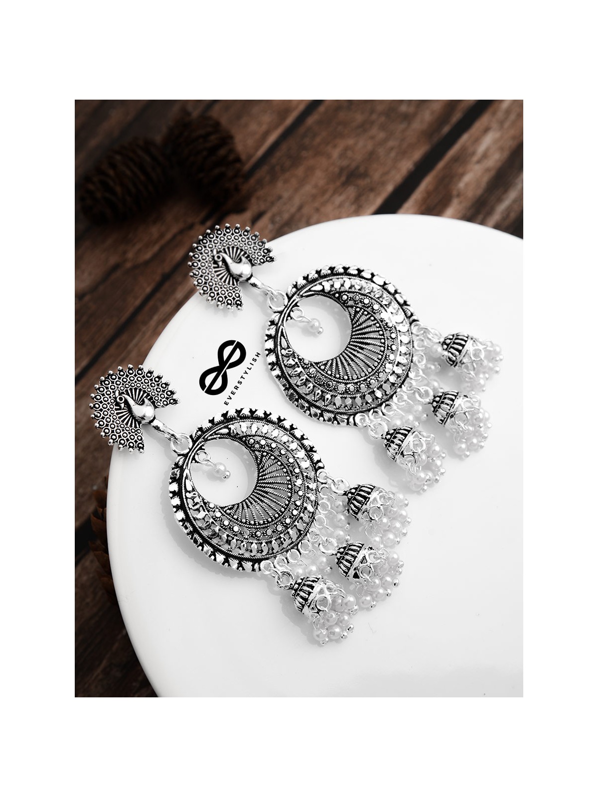 The Intricate Peacock Sun Triple Jhumkis - Oxidised Boho Earrings