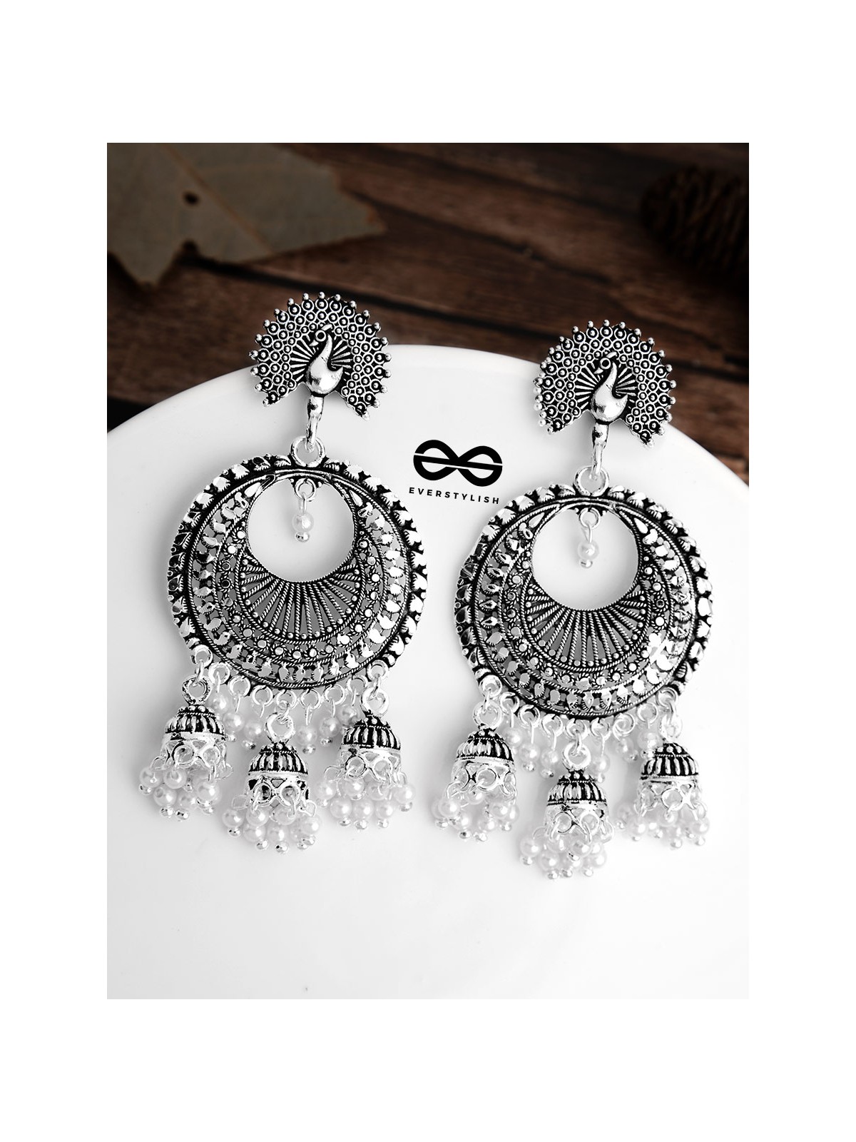 The Intricate Peacock Sun Triple Jhumkis - Oxidised Boho Earrings