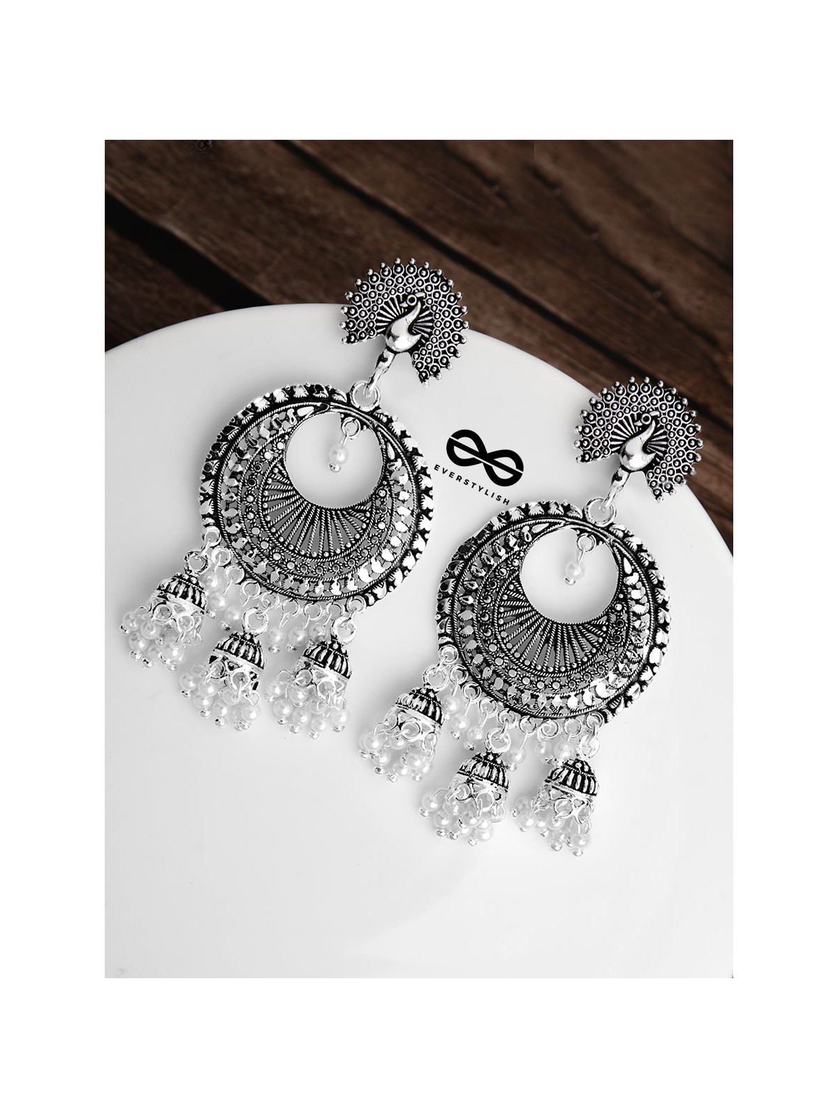 The Intricate Peacock Sun Triple Jhumkis - Oxidised Boho Earrings