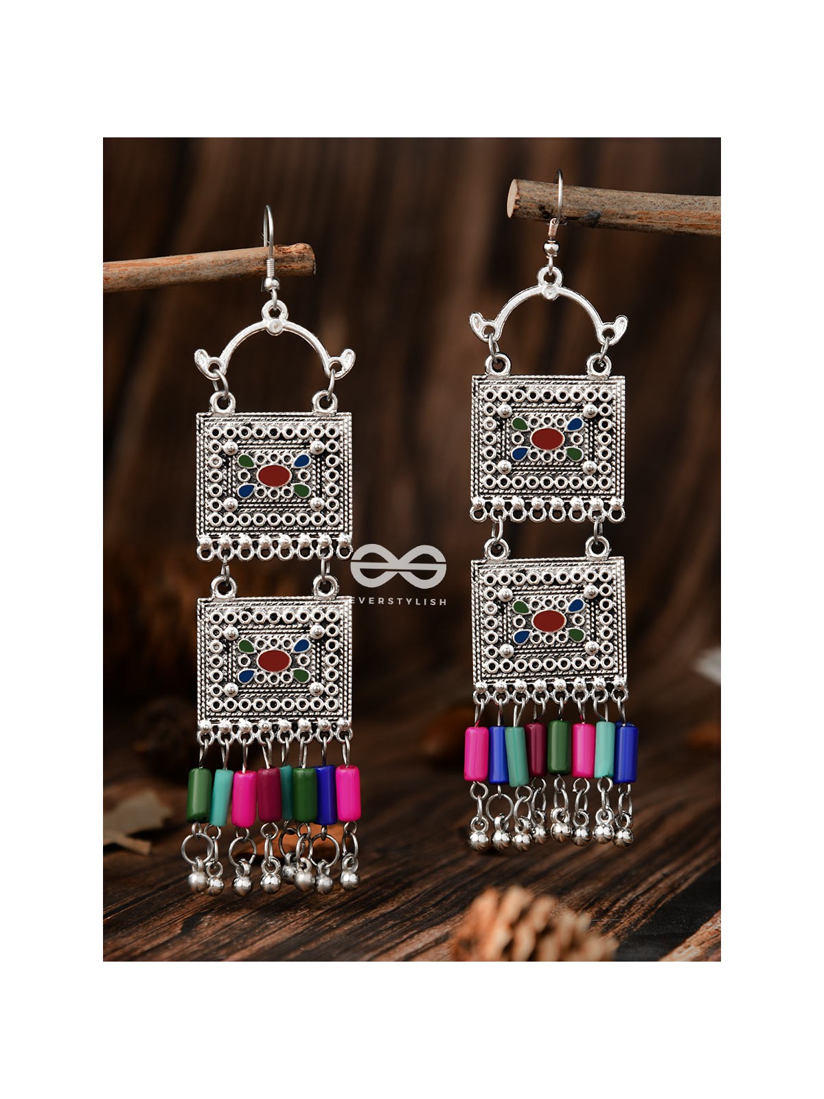 The Double Embellished Trunks (Red Hues) - Oxidised Boho Earrings - Multicolour