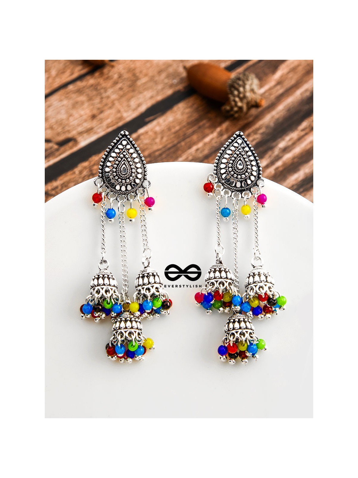 The Shimmery Droplet Triple Multicoloured Jhumkis - The Oxidised Boho Collection