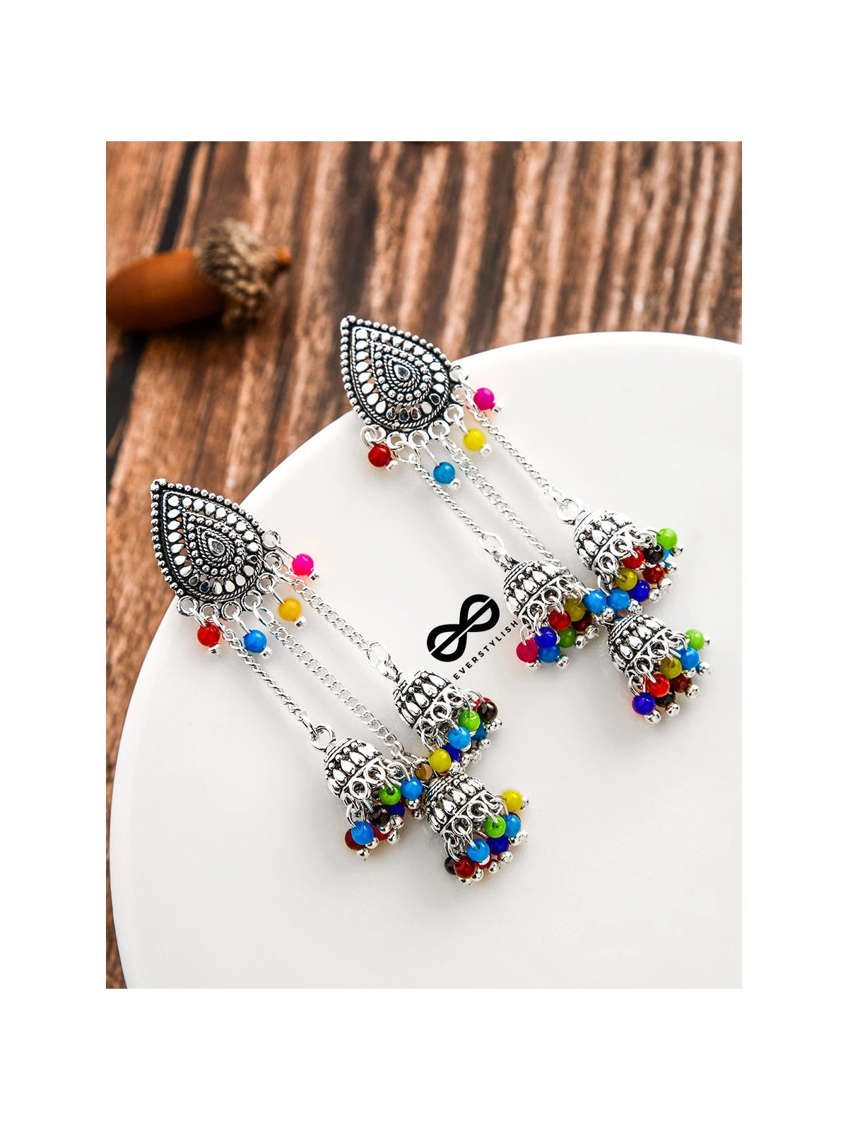 The Shimmery Droplet Triple Multicoloured Jhumkis - The Oxidised Boho Collection