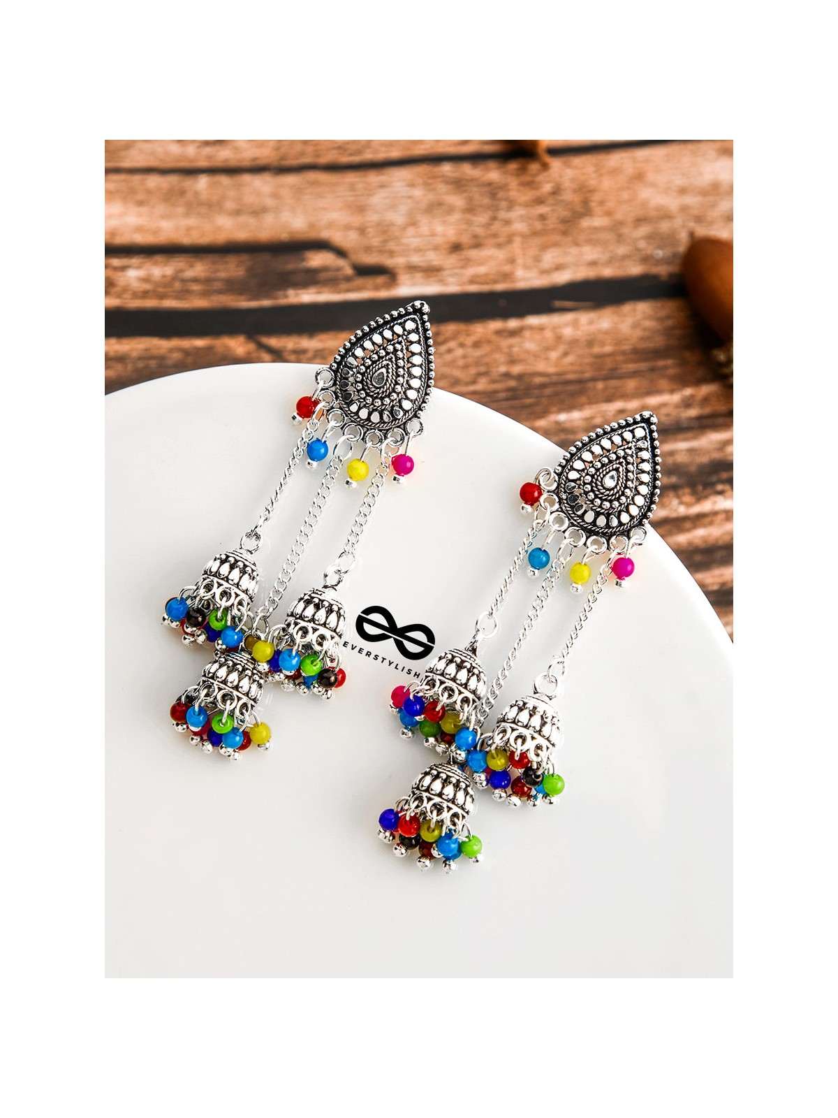 The Shimmery Droplet Triple Multicoloured Jhumkis - The Oxidised Boho Collection