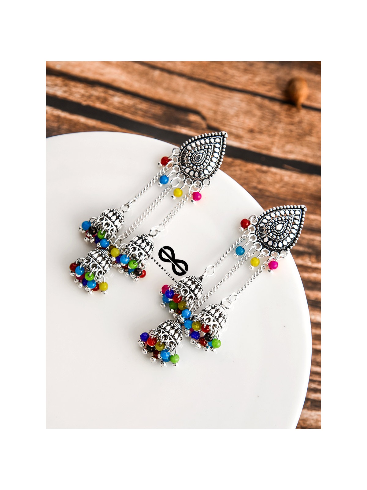 The Shimmery Droplet Triple Multicoloured Jhumkis - The Oxidised Boho Collection