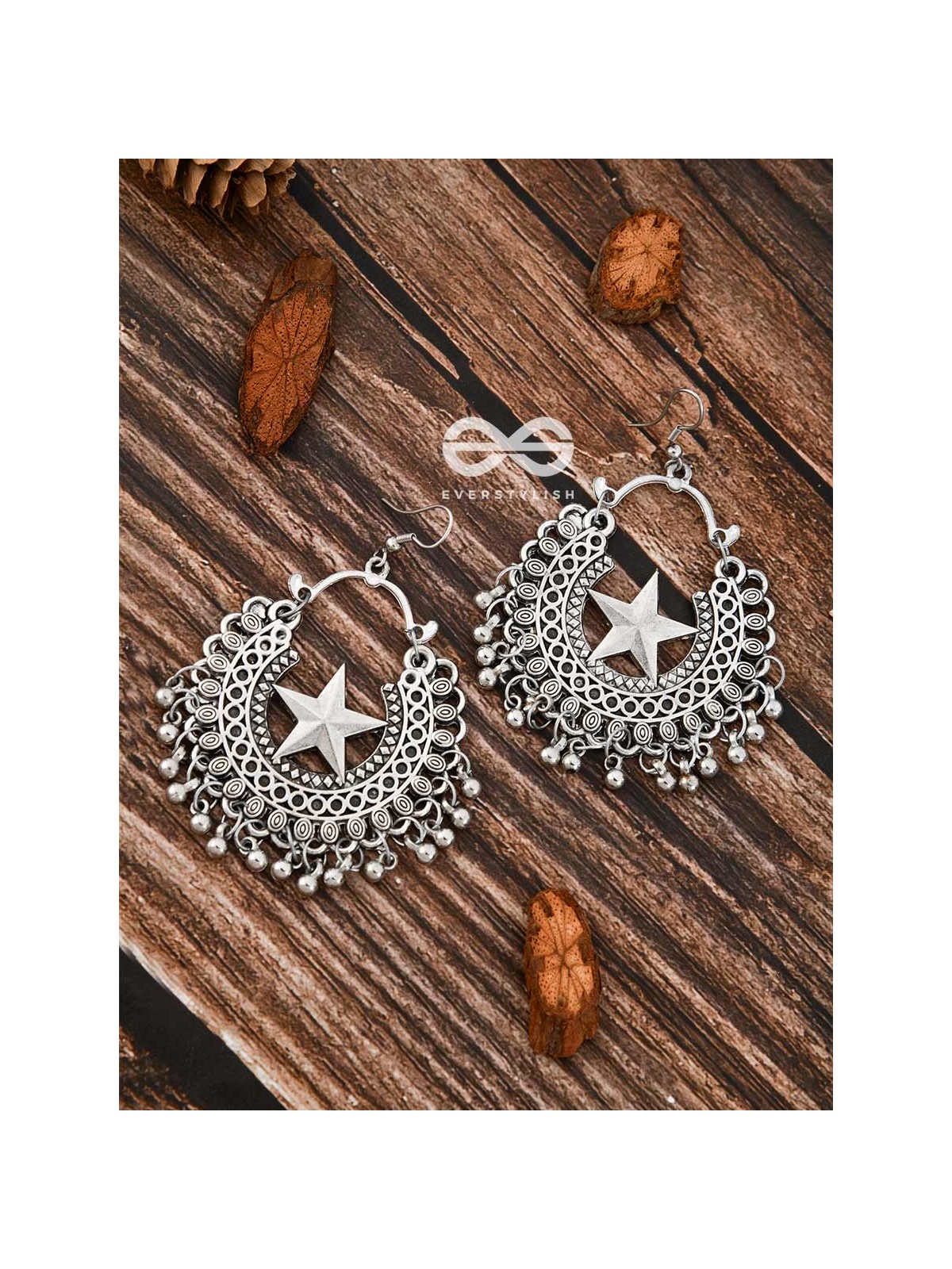 The Moon and Star Danglers - Oxidised Boho Earrings