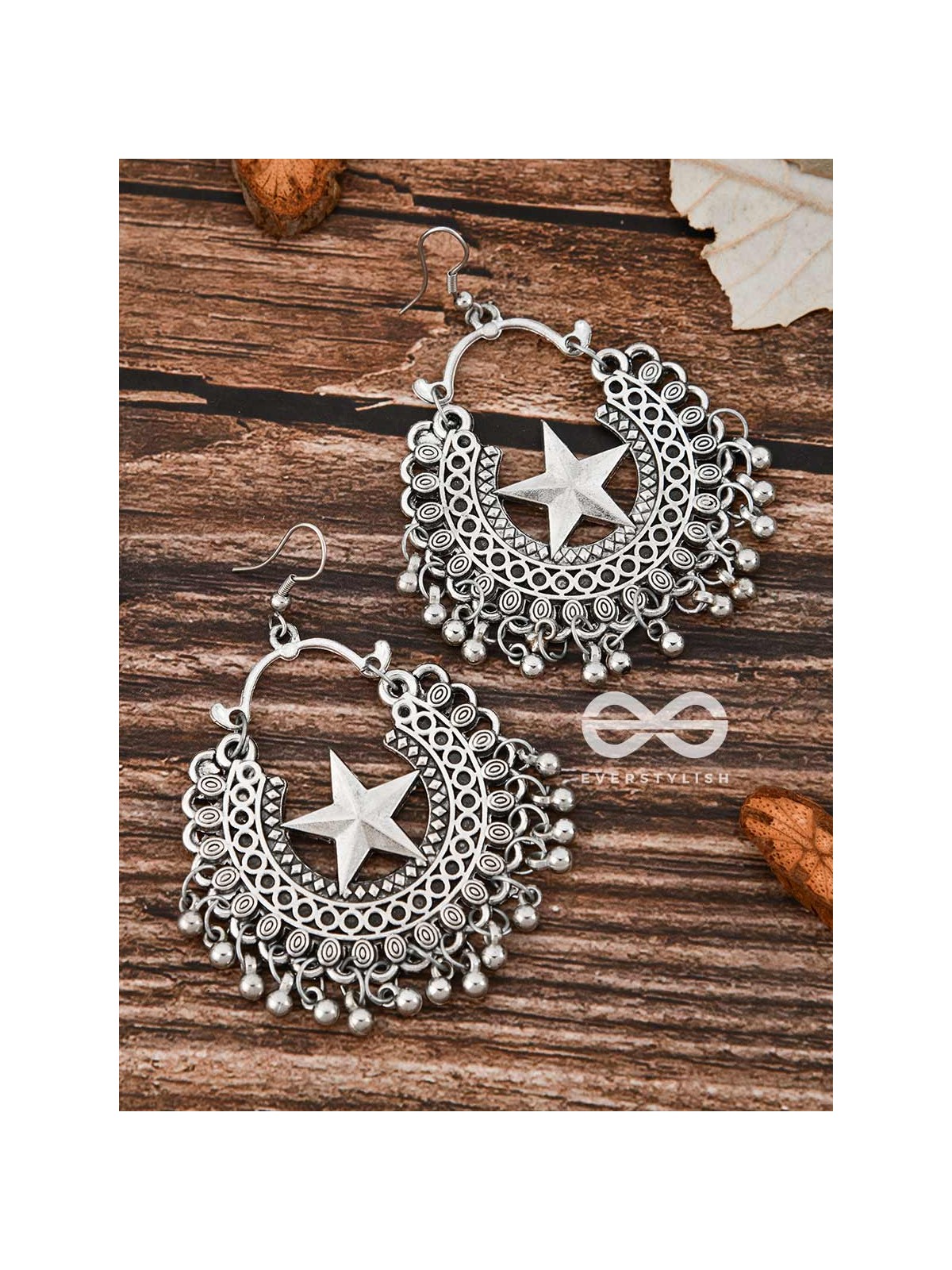 The Moon and Star Danglers - Oxidised Boho Earrings