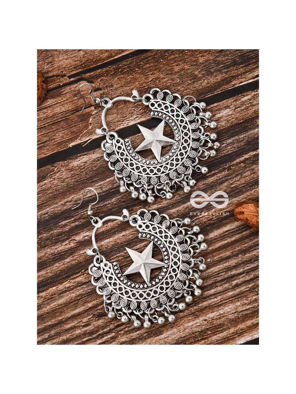 The Moon and Star Danglers - Oxidised Boho Earrings