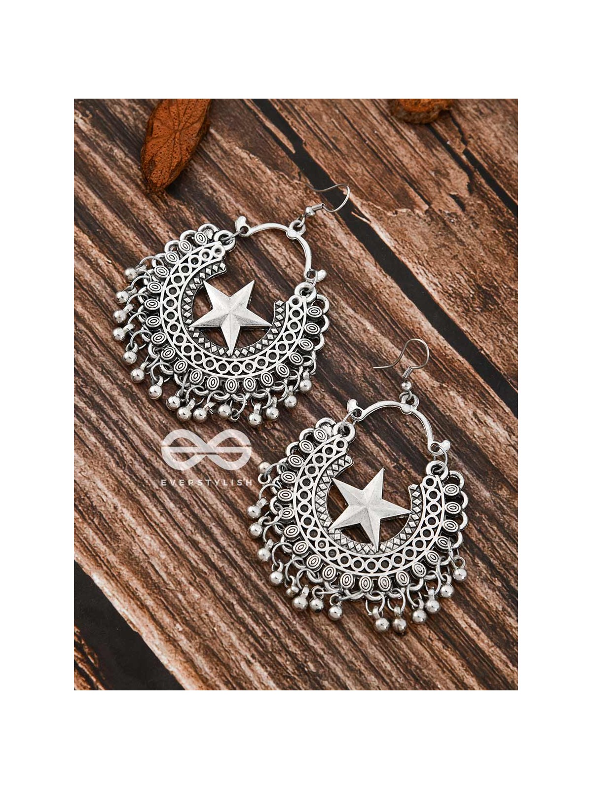 The Moon and Star Danglers - Oxidised Boho Earrings