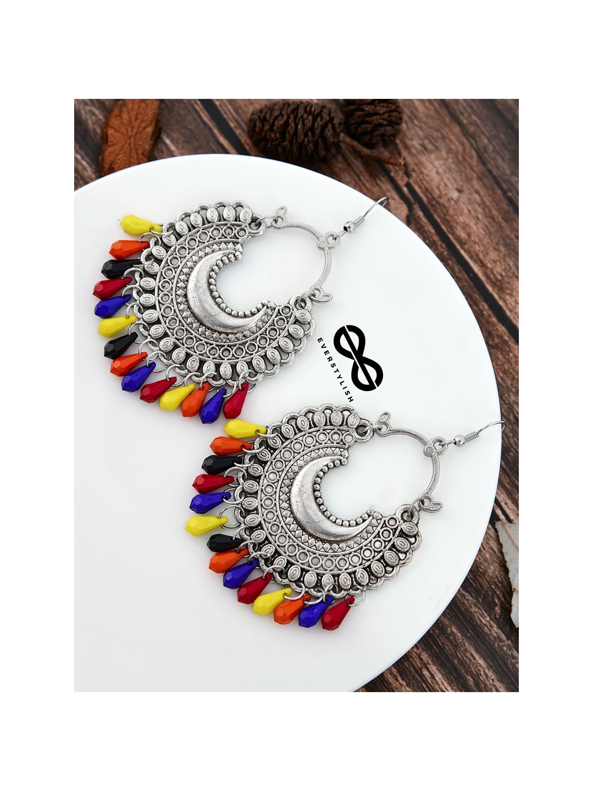 The Motif Moon Multicoloured Droplets Oxidised Boho Earrings