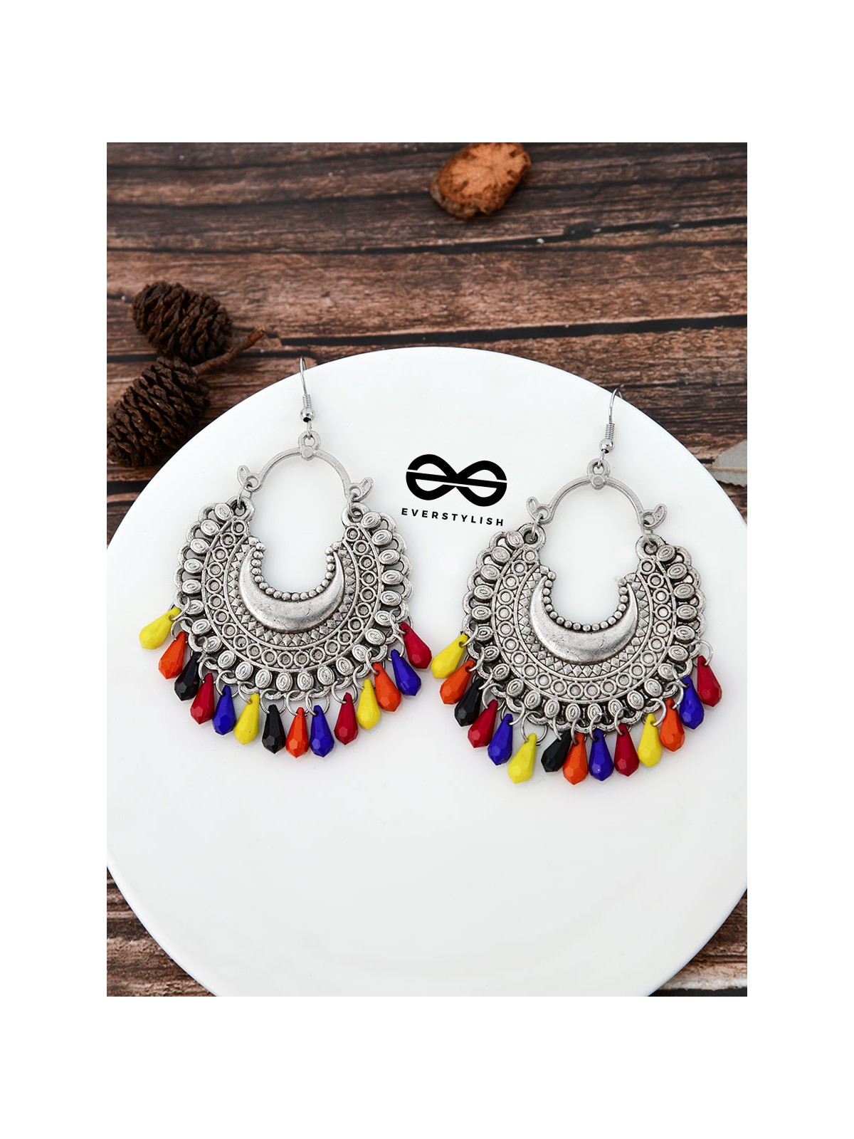 The Motif Moon Multicoloured Droplets Oxidised Boho Earrings