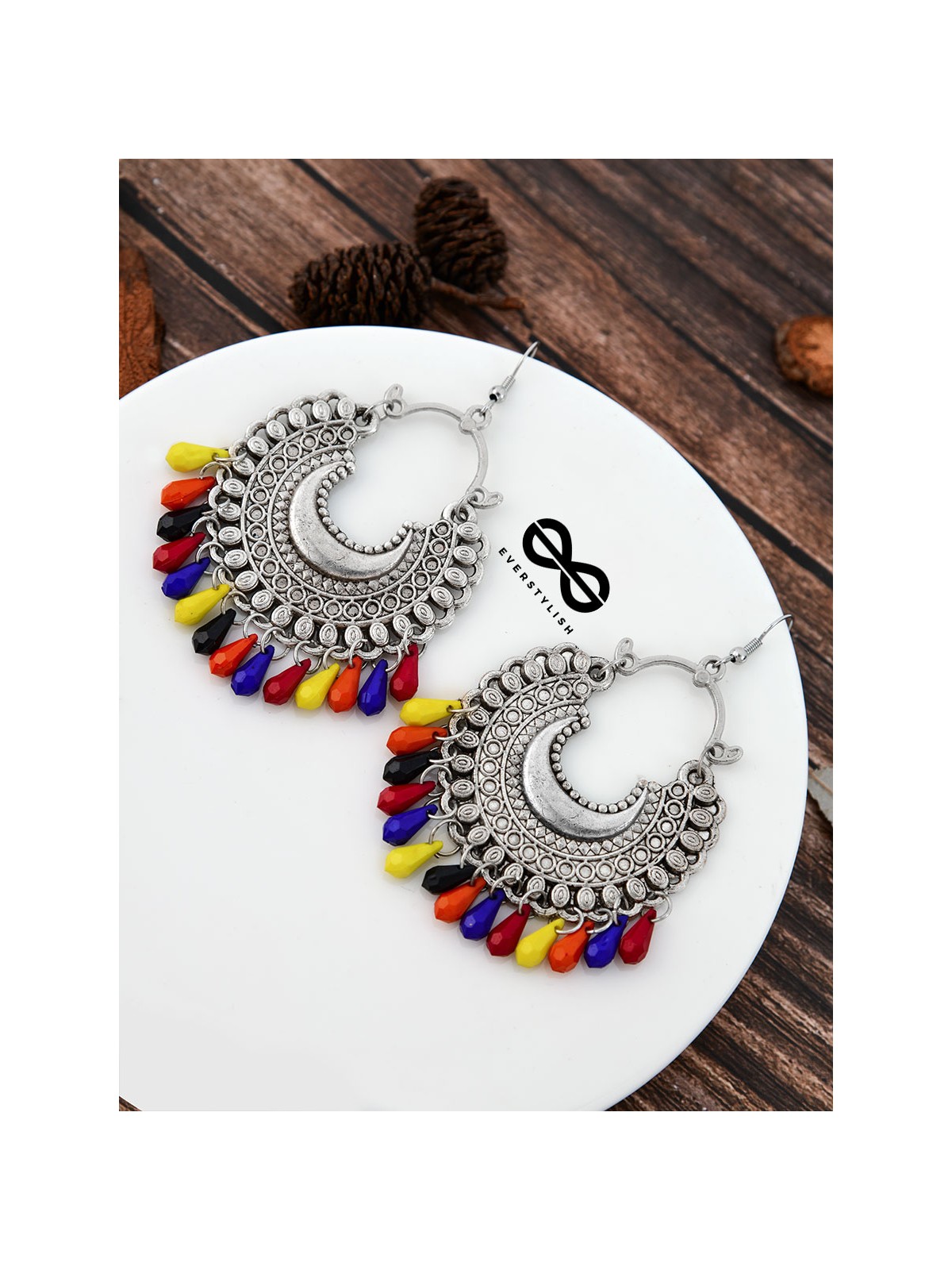 The Motif Moon Multicoloured Droplets Oxidised Boho Earrings
