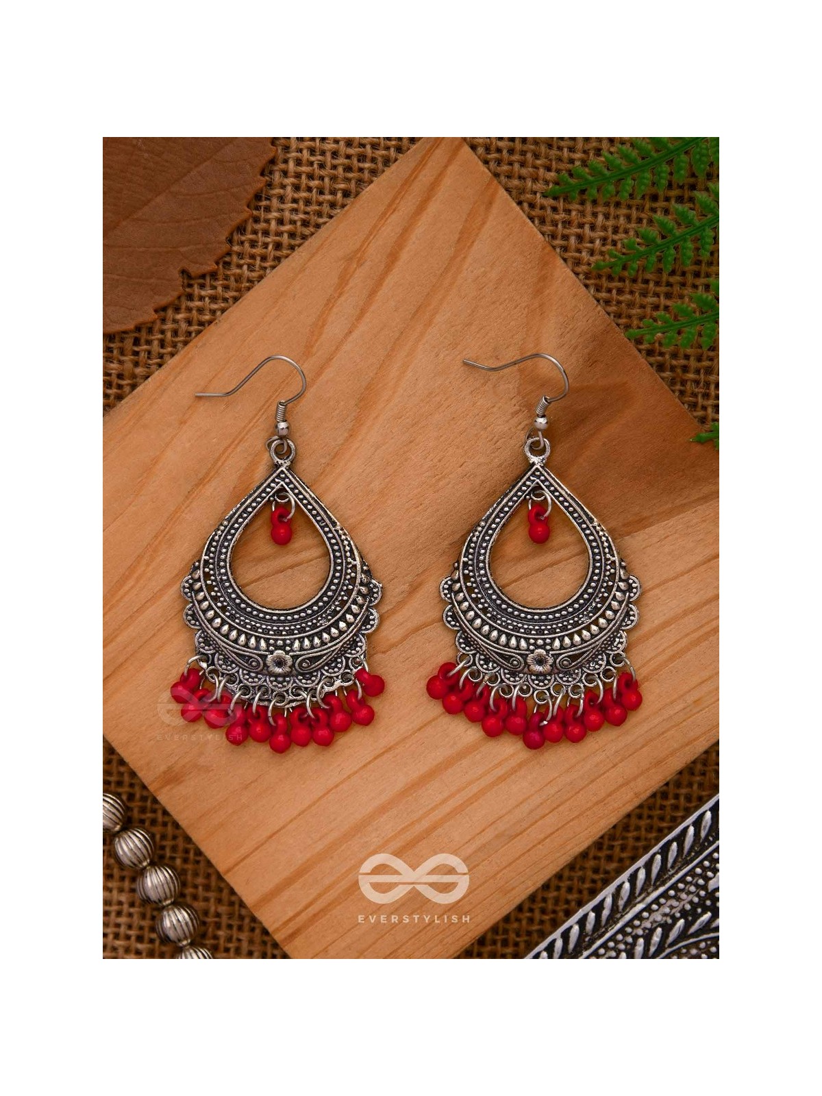 The Intricate Motif Drops - Oxidised Boho Earrings - Red
