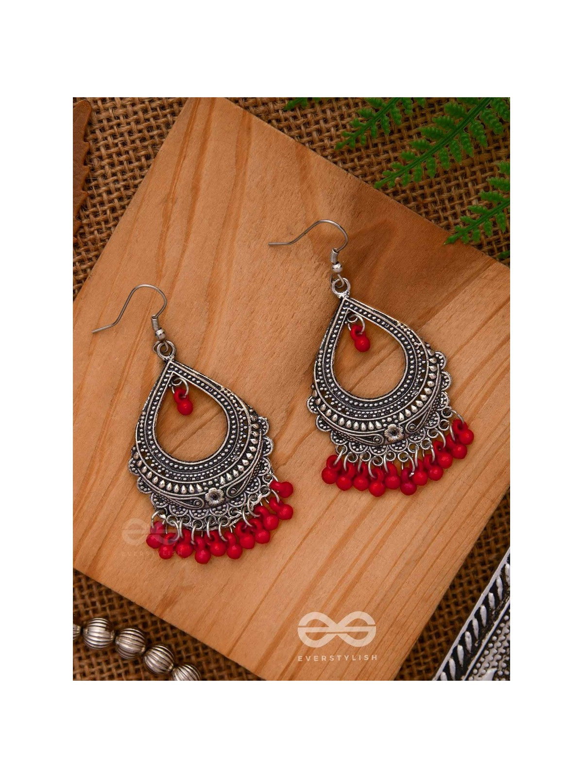 The Intricate Motif Drops - Oxidised Boho Earrings - Red