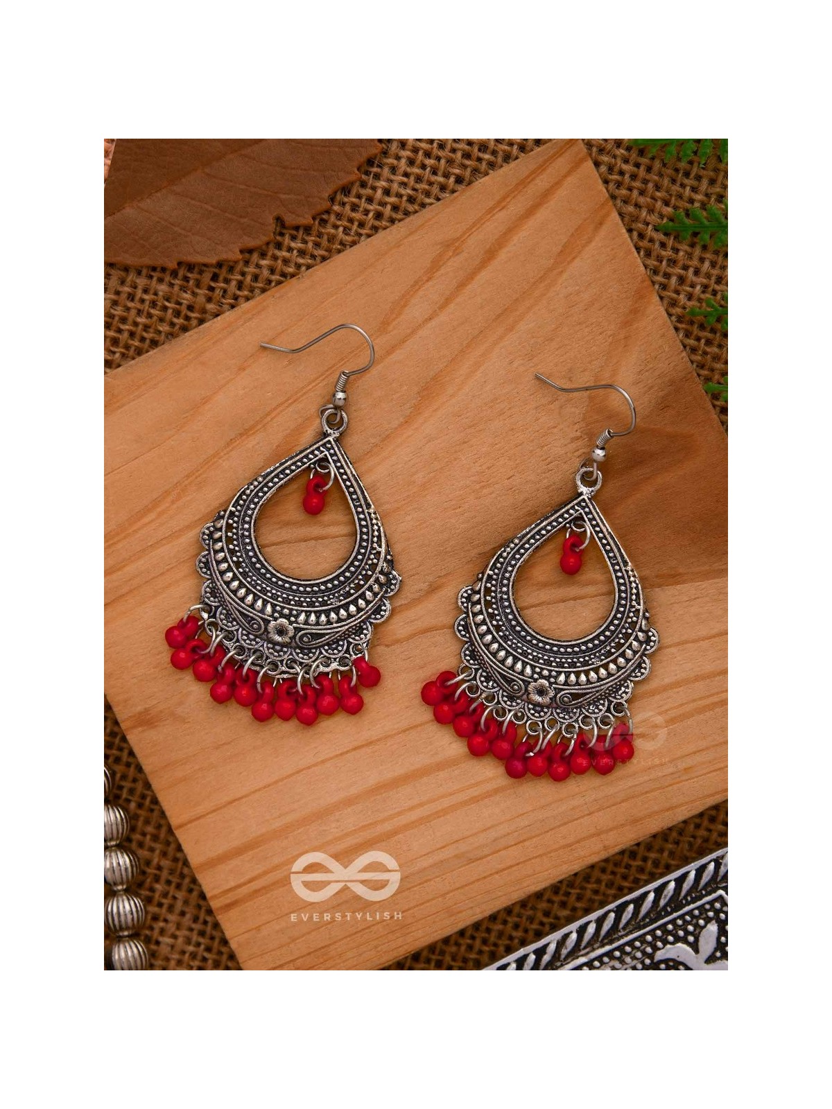 The Intricate Motif Drops - Oxidised Boho Earrings - Red