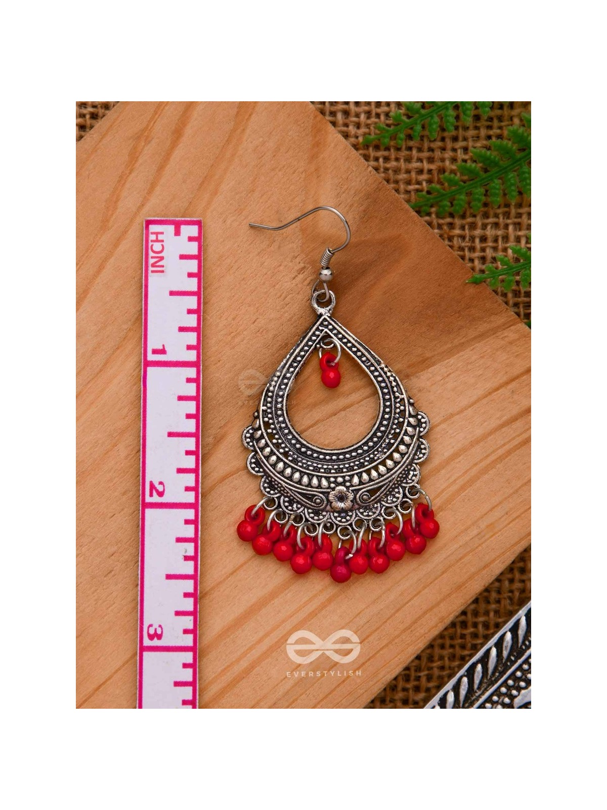 The Intricate Motif Drops - Oxidised Boho Earrings - Red