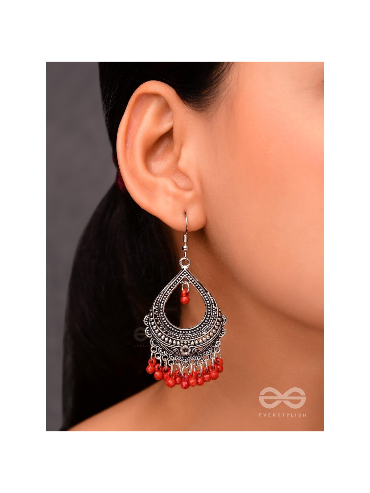 The Intricate Motif Drops - Oxidised Boho Earrings - Red