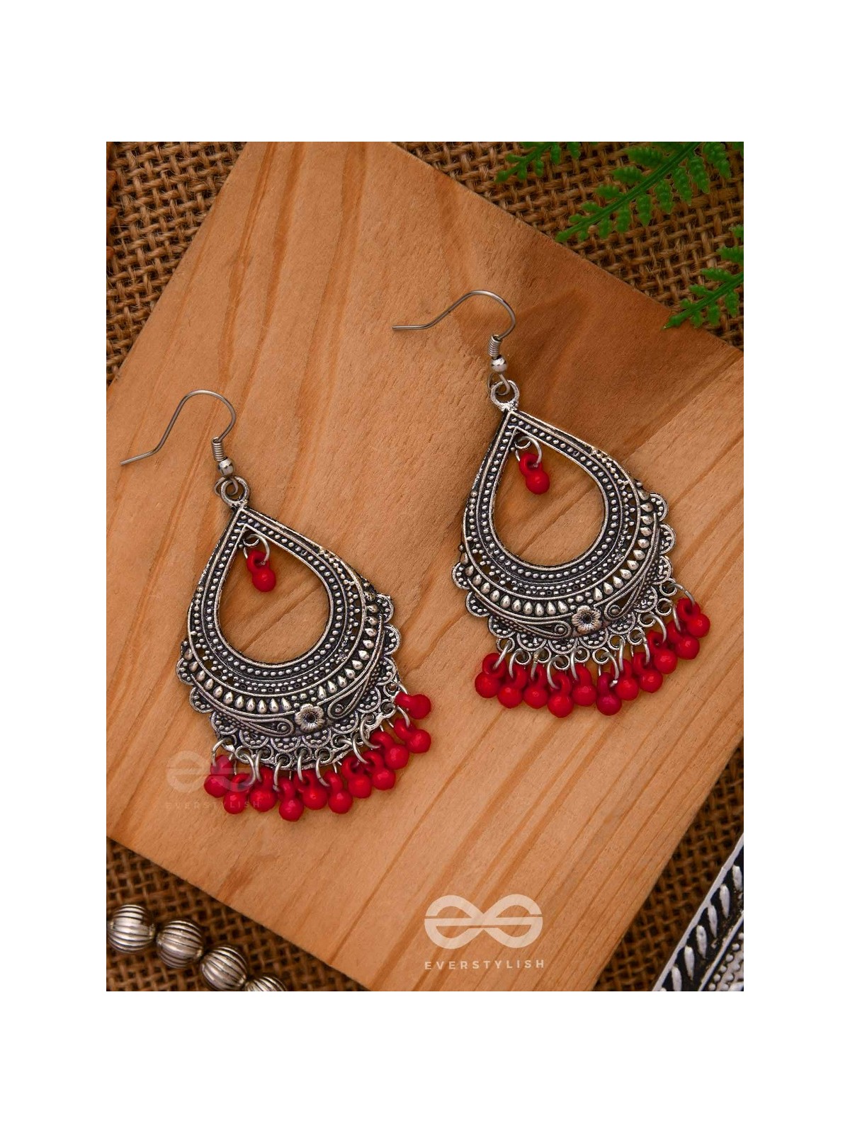 The Intricate Motif Drops - Oxidised Boho Earrings - Red