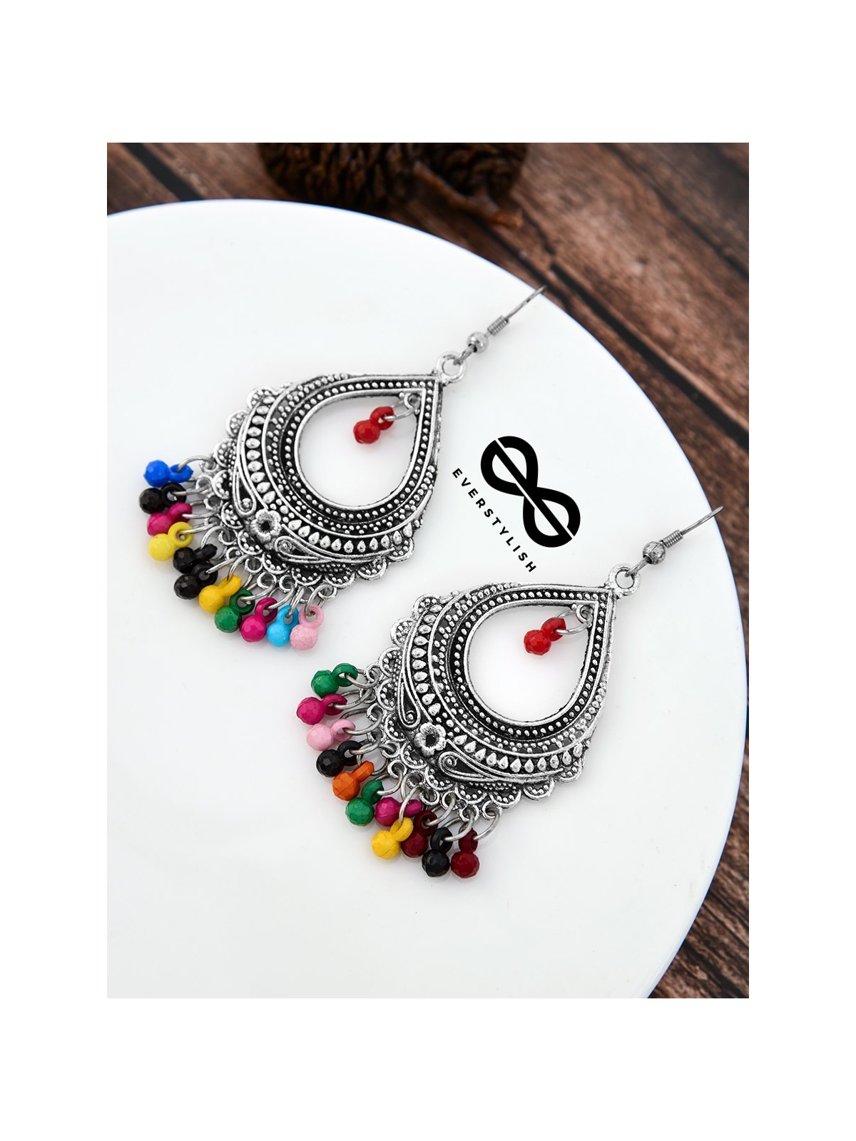 The Intricate Motif Drops - Oxidised Boho Earrings - Multicolour