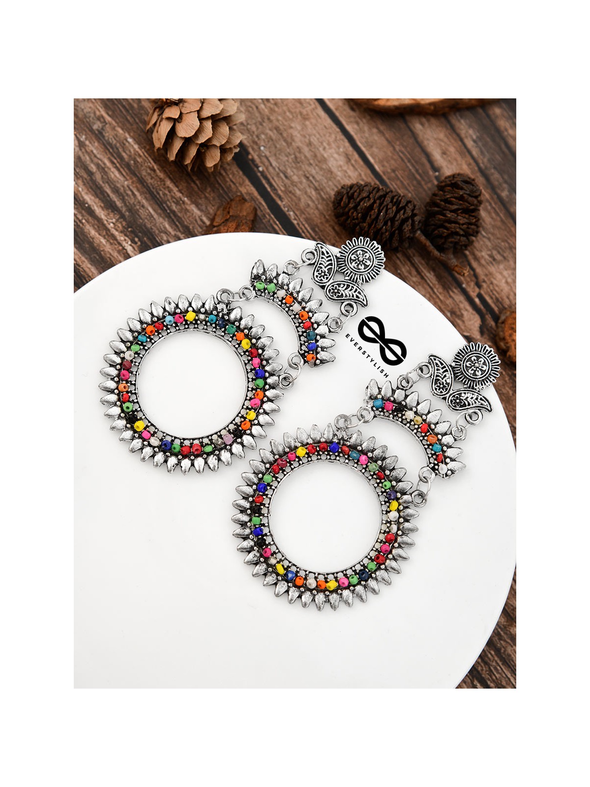 The layered Beaded Sun Oxidised Boho Earrings