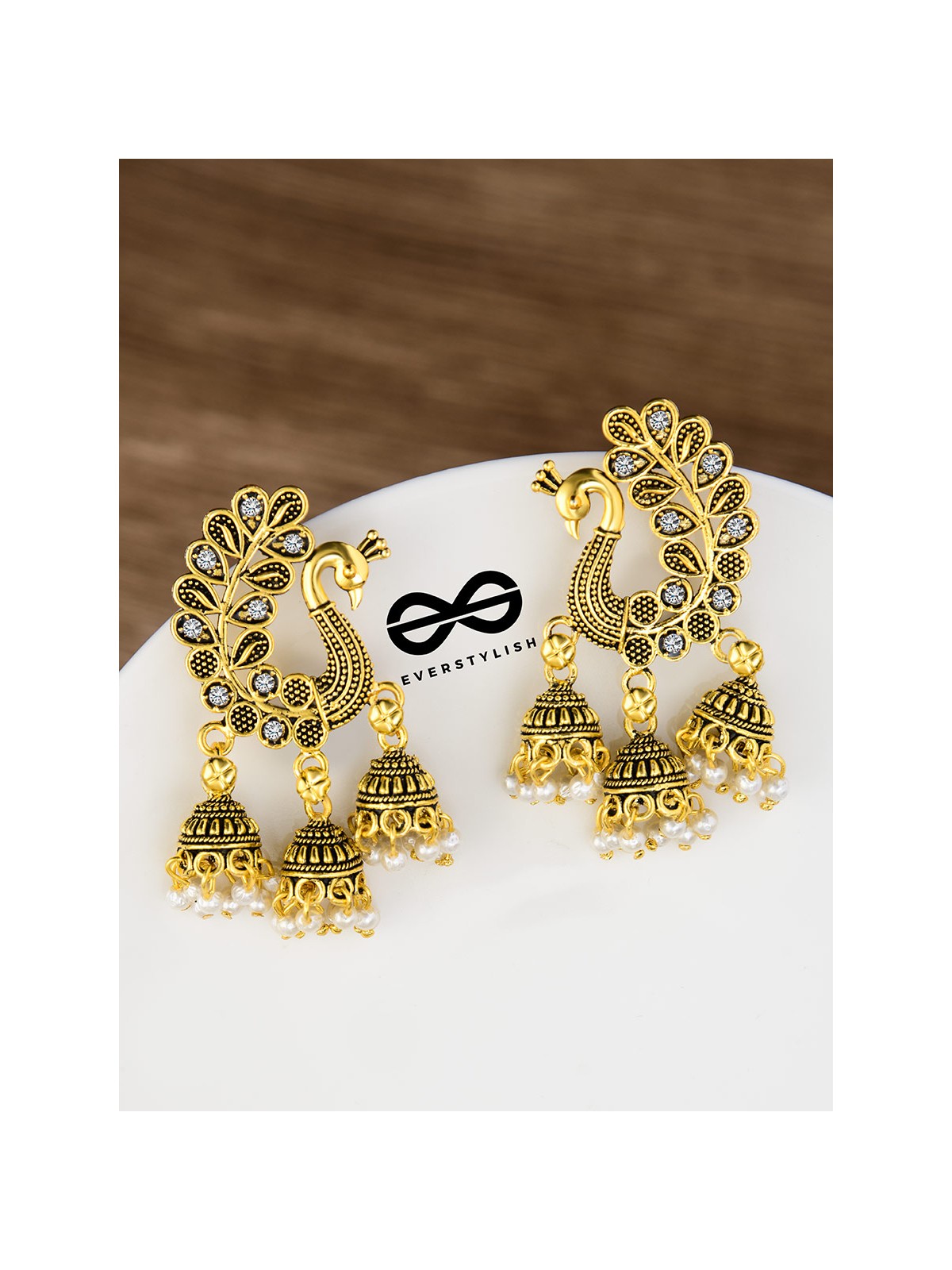 The Golden Peacock Triple Jhumkis - Oxidised Boho Earrings