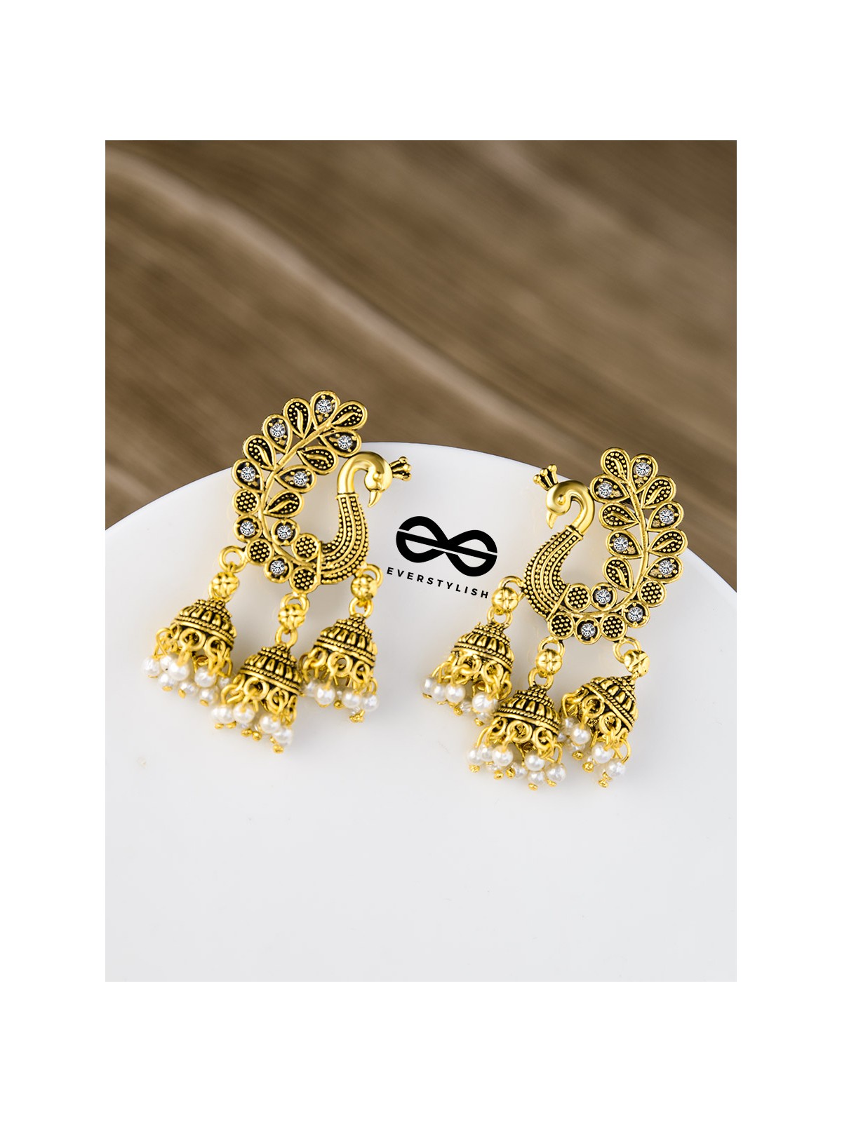 The Golden Peacock Triple Jhumkis - Oxidised Boho Earrings