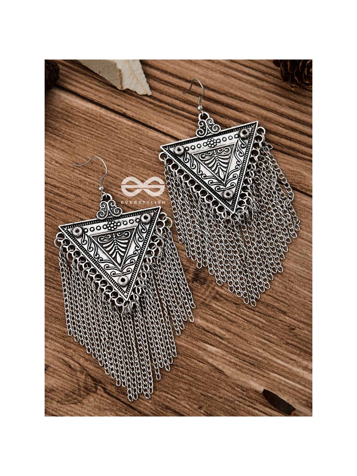 The Triangle Chained Danglers - Oxidised Boho Earrings