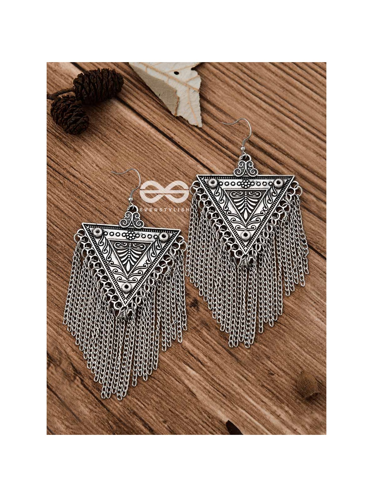 The Triangle Chained Danglers - Oxidised Boho Earrings