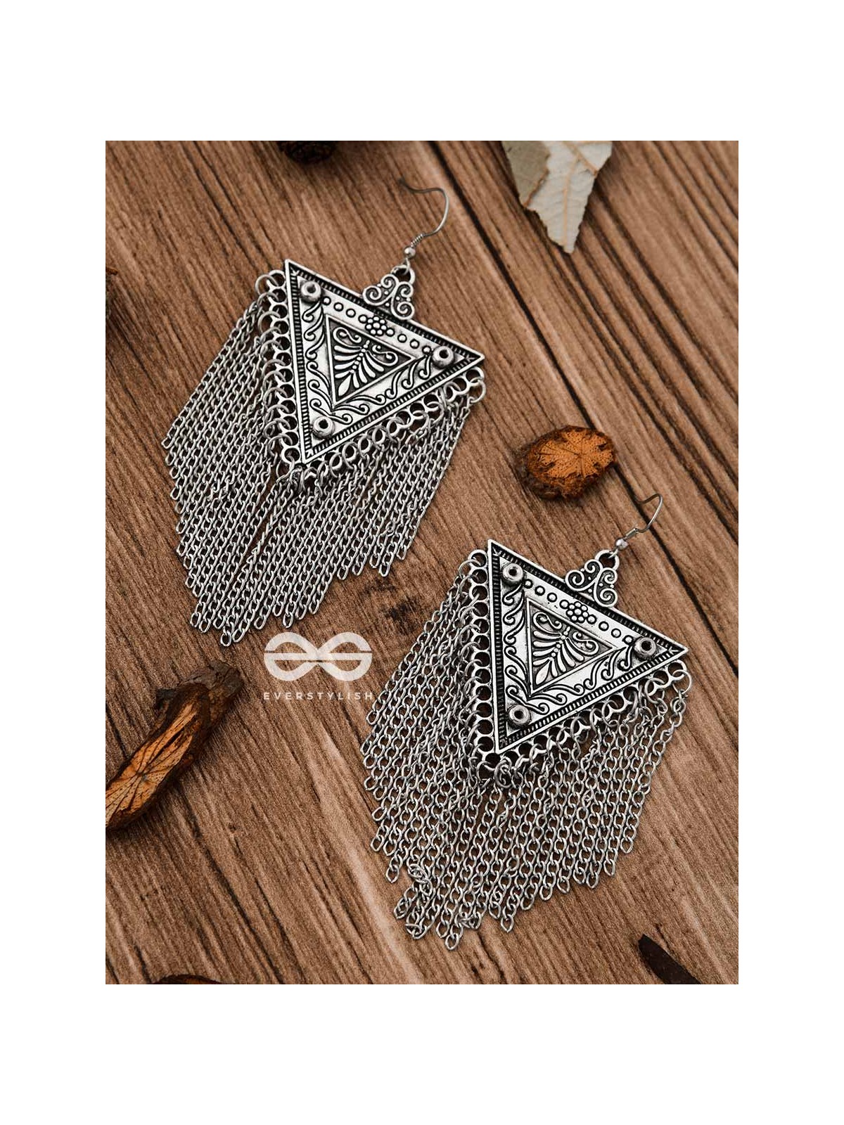 The Triangle Chained Danglers - Oxidised Boho Earrings