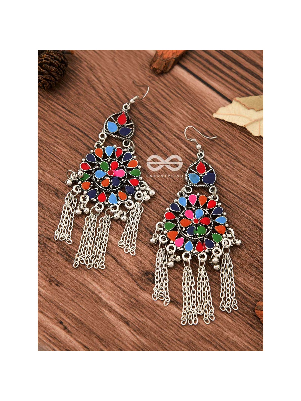 The Multicoloured Enamel Chained Danglers - Oxidised Boho Earrings