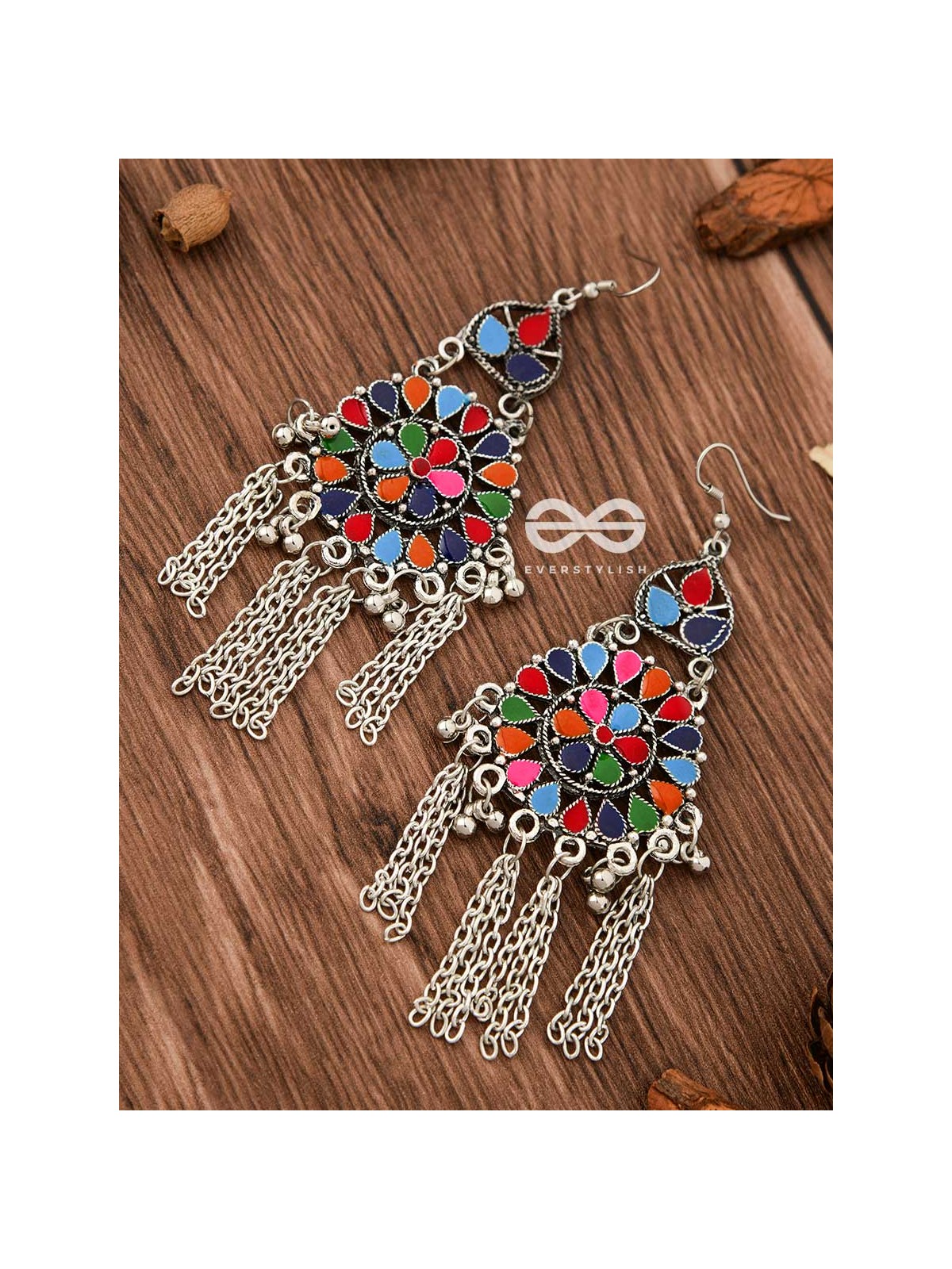 The Multicoloured Enamel Chained Danglers - Oxidised Boho Earrings