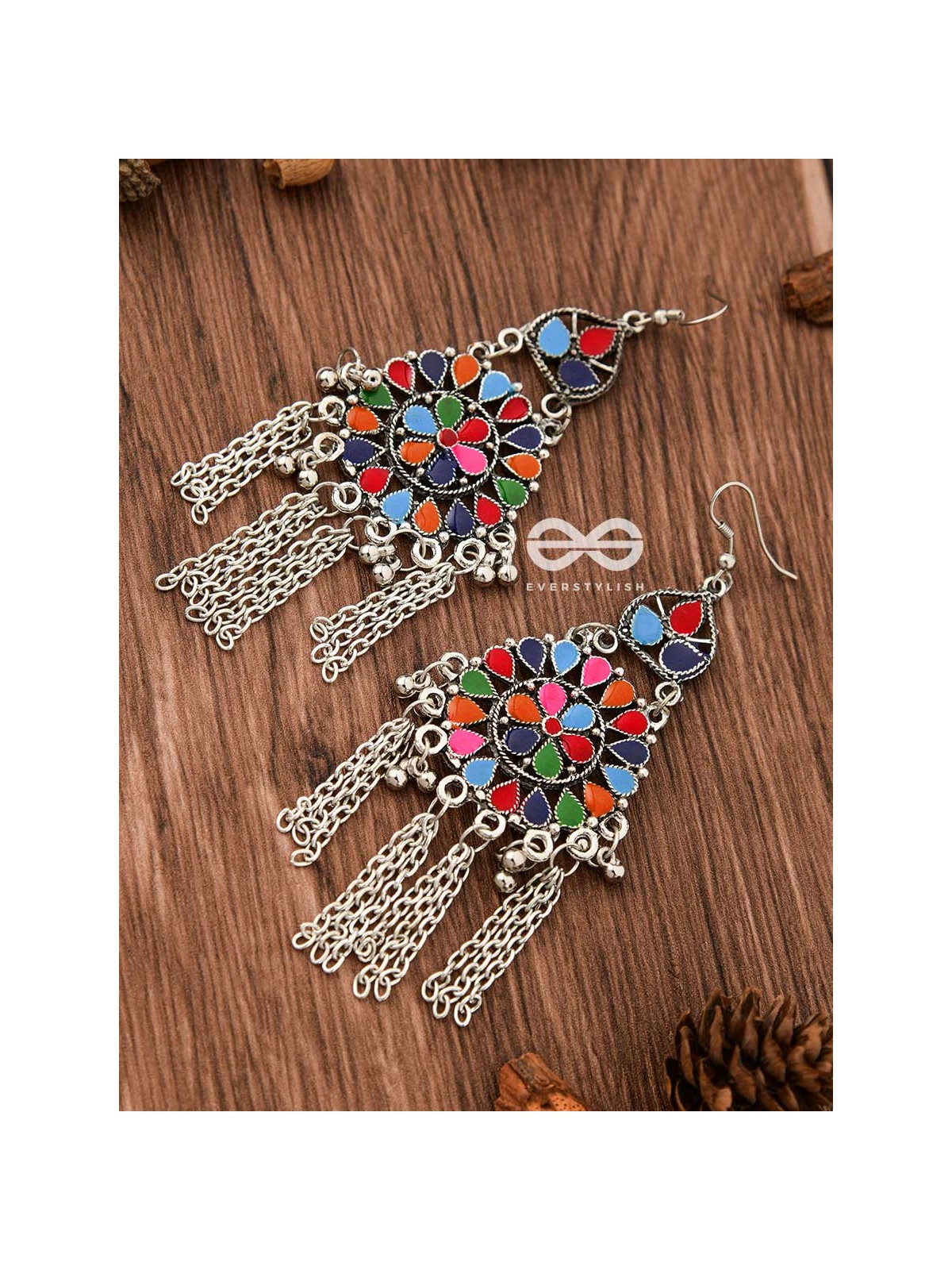 The Multicoloured Enamel Chained Danglers - Oxidised Boho Earrings